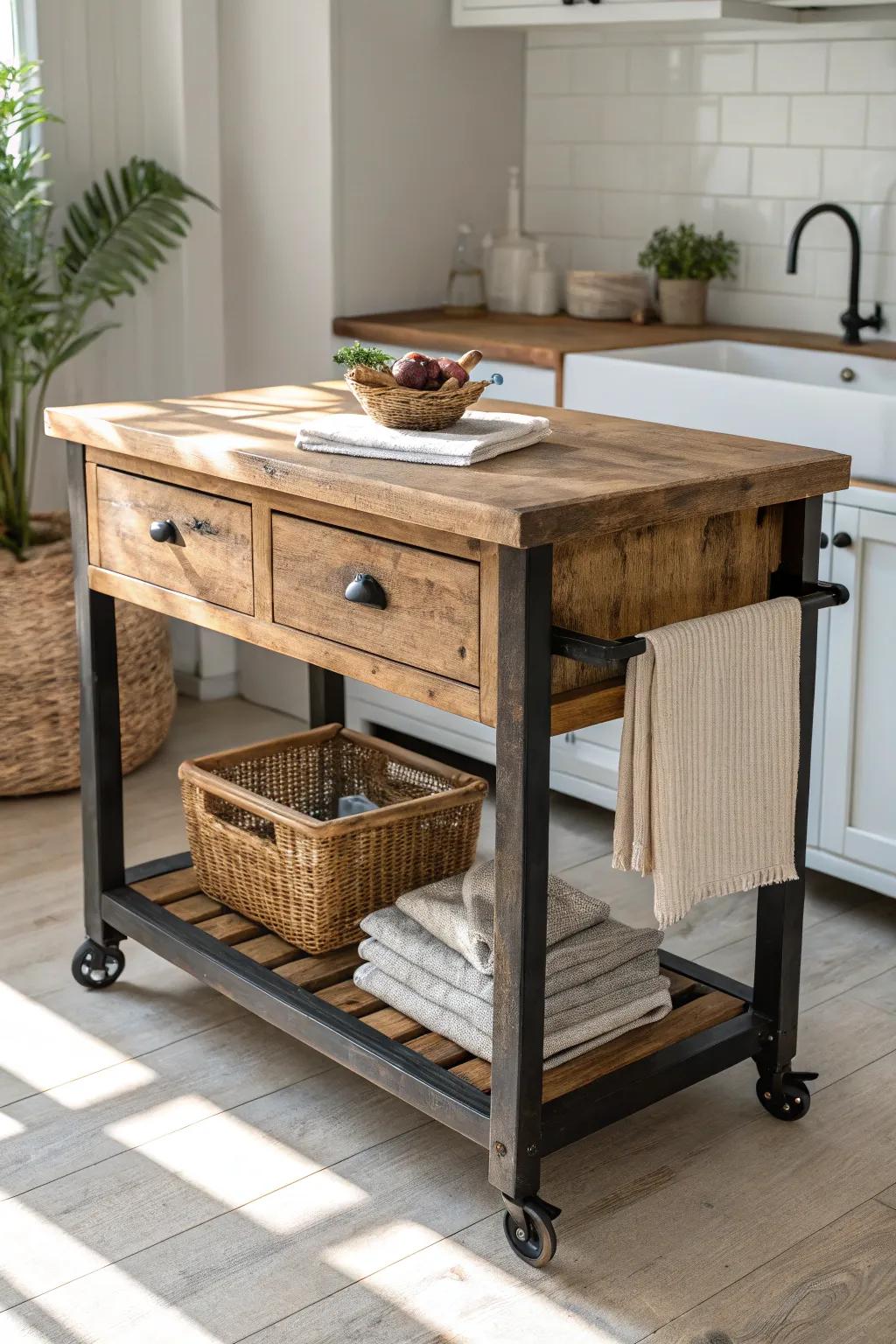 Reclaimed wood kitchen island cart—sealed top, aged grain, and minimalist style for small kitchens.