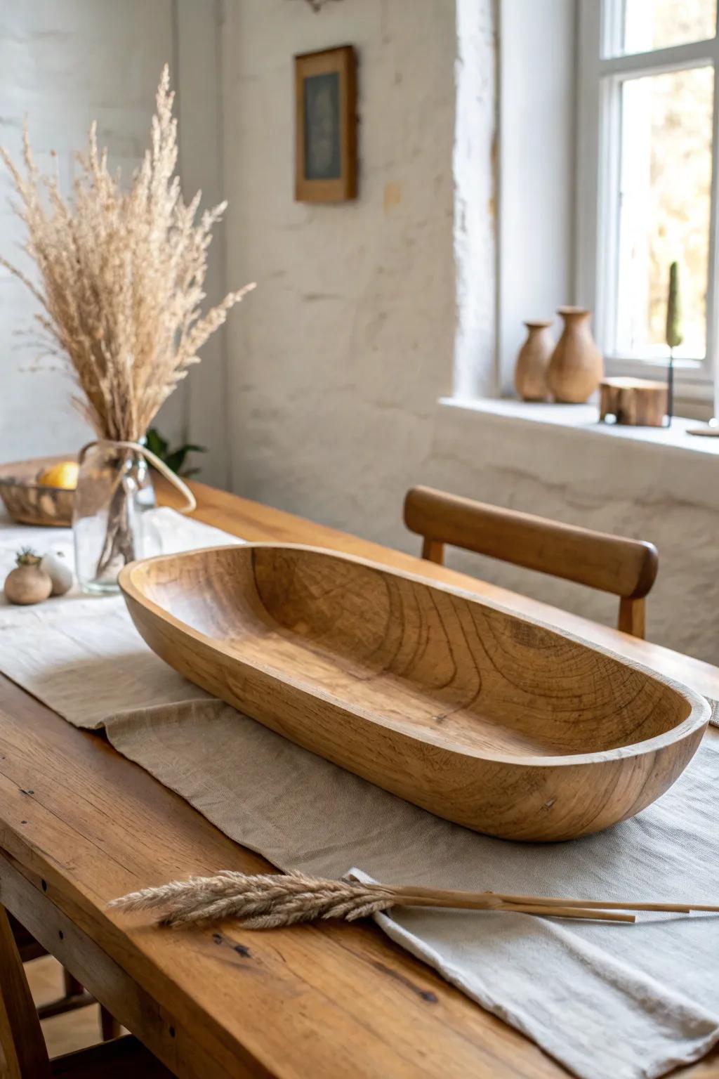 A long carved dough bowl centerpiece that elongates your table with calm, natural beauty.