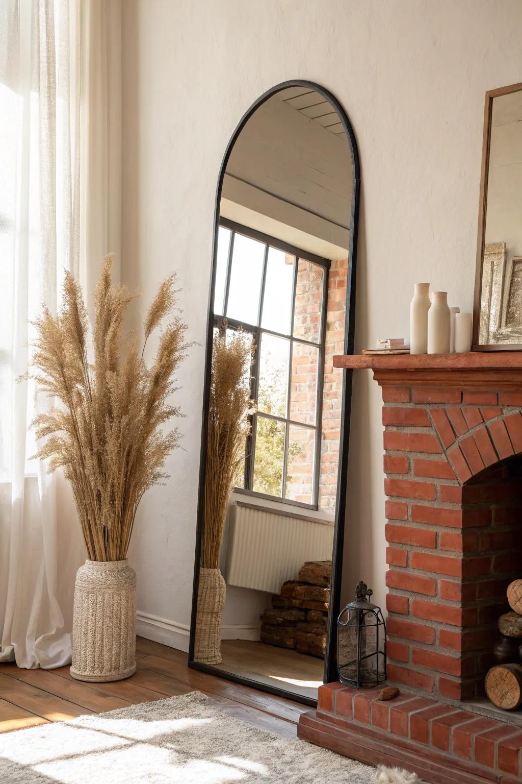 An oversized arched mirror on red brick adds height, light, and a refined focal point.