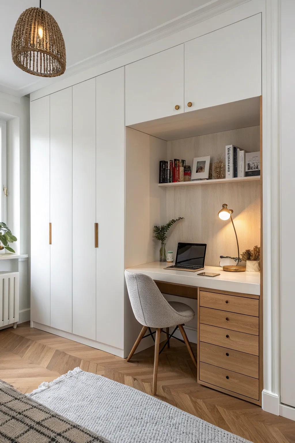 Closet doors off, oak countertop in—an airy vanity/desk nook that makes mornings feel effortless.