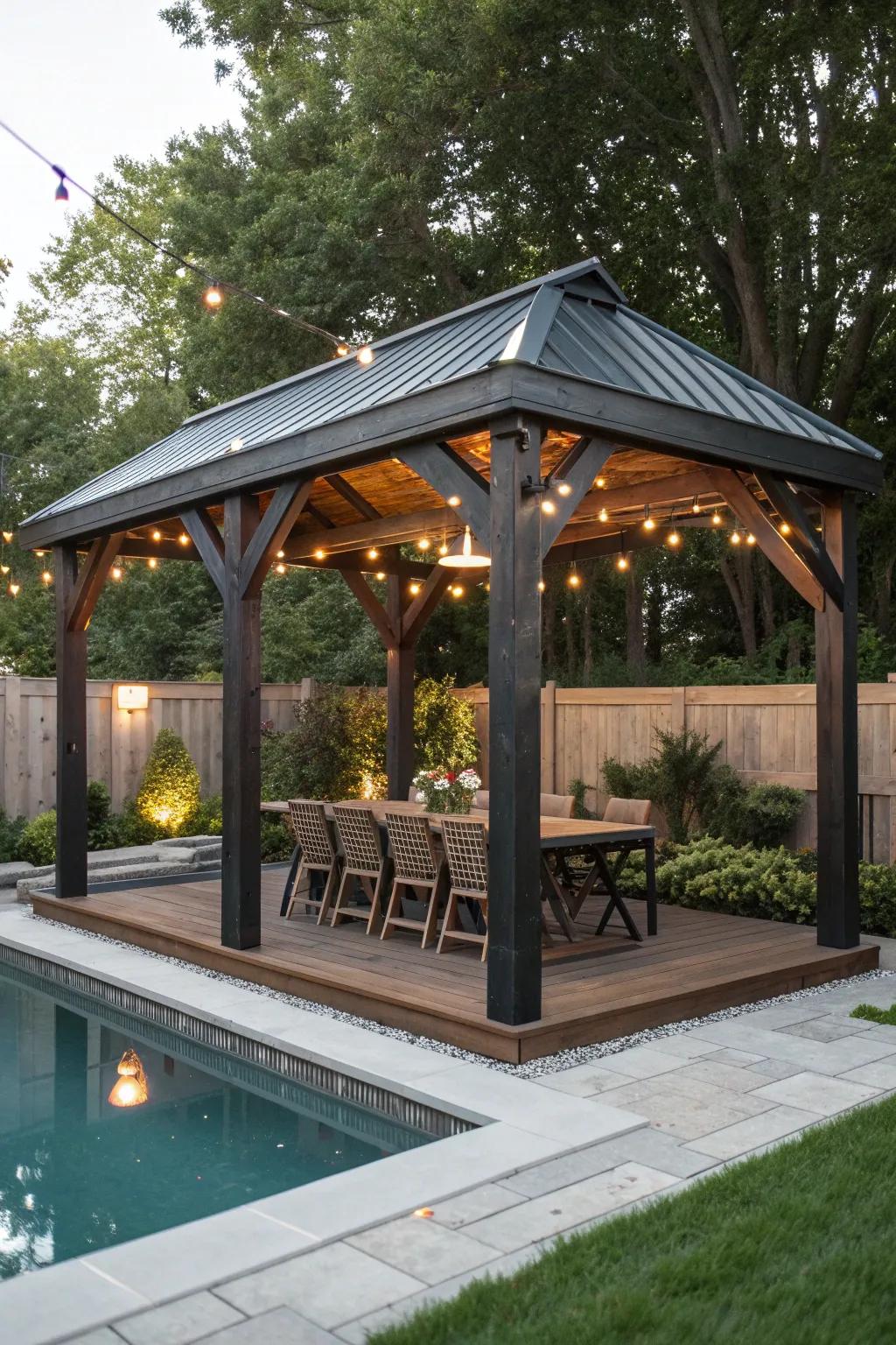 Transform your space: From pool frame to a breathtaking outdoor pavilion for dining under the stars.