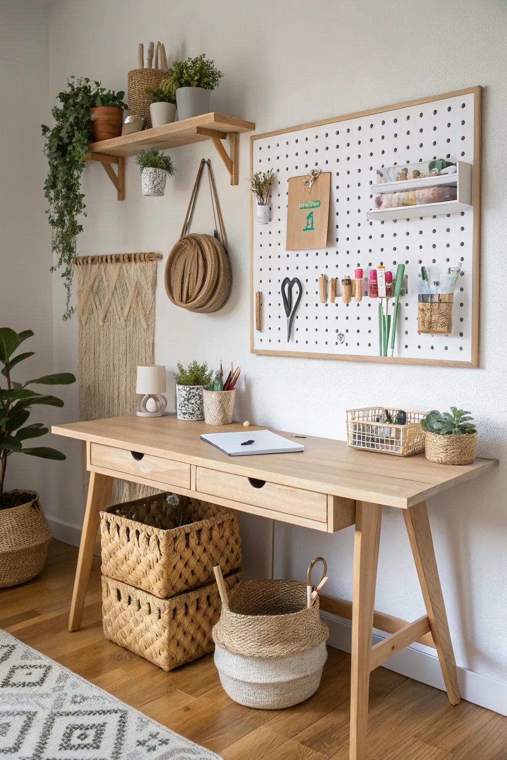 Transform your workspace into a serene crafting sanctuary with minimalist elegance and boho flair. 🌿✨ #CraftingStation #ScandiBoho #RepurposedDesk