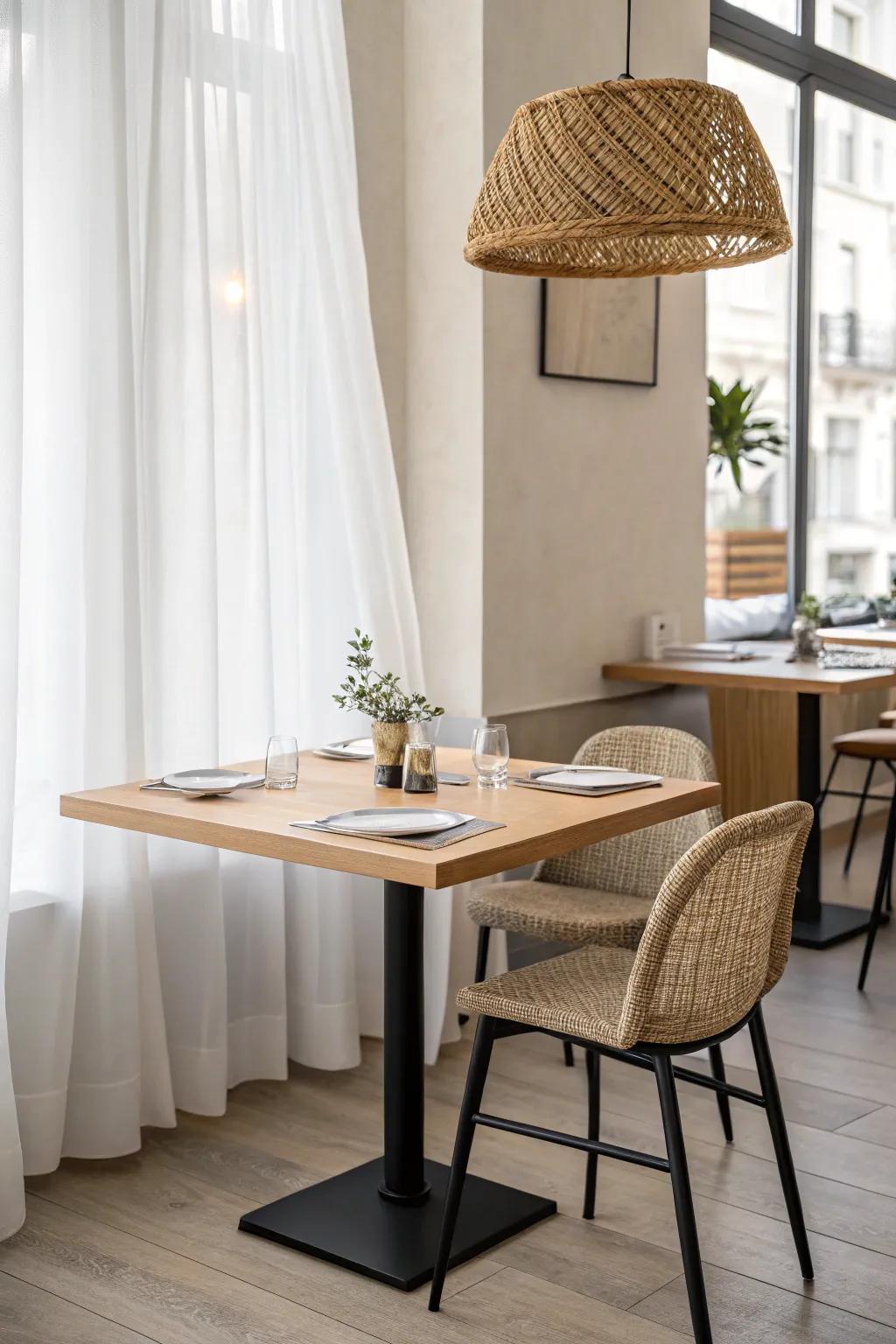 Round meets rectangular—one crafted table shape that improves flow and adds modern café warmth.