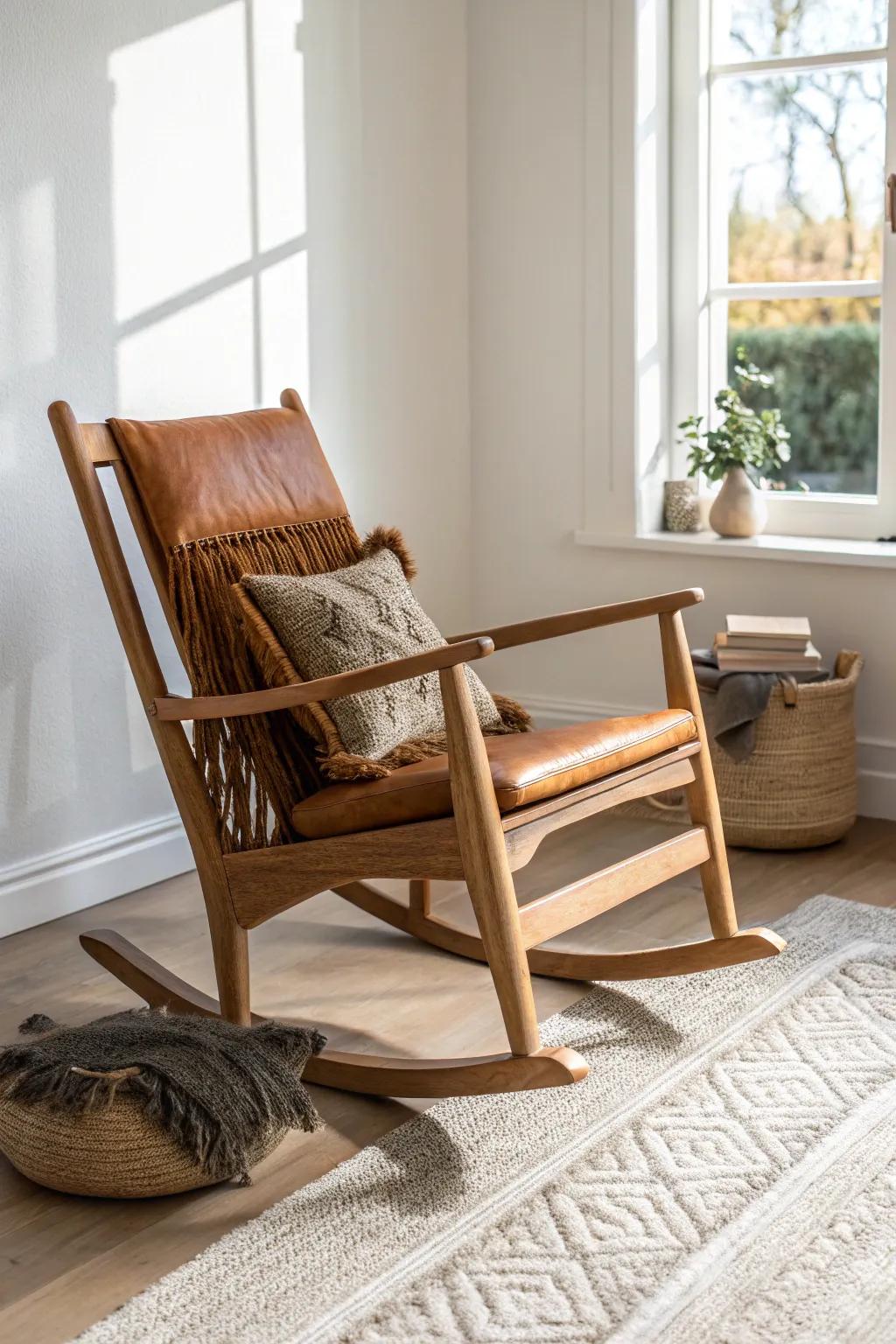 Light oak rocking chair with cognac leather cushion—minimal, warm, and effortlessly grounded.