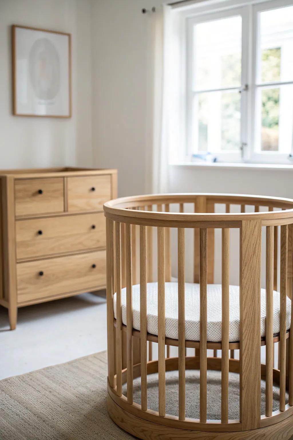 Round crib warmth meets clean-lined dresser—matched wood tones for a balanced, modern nursery.