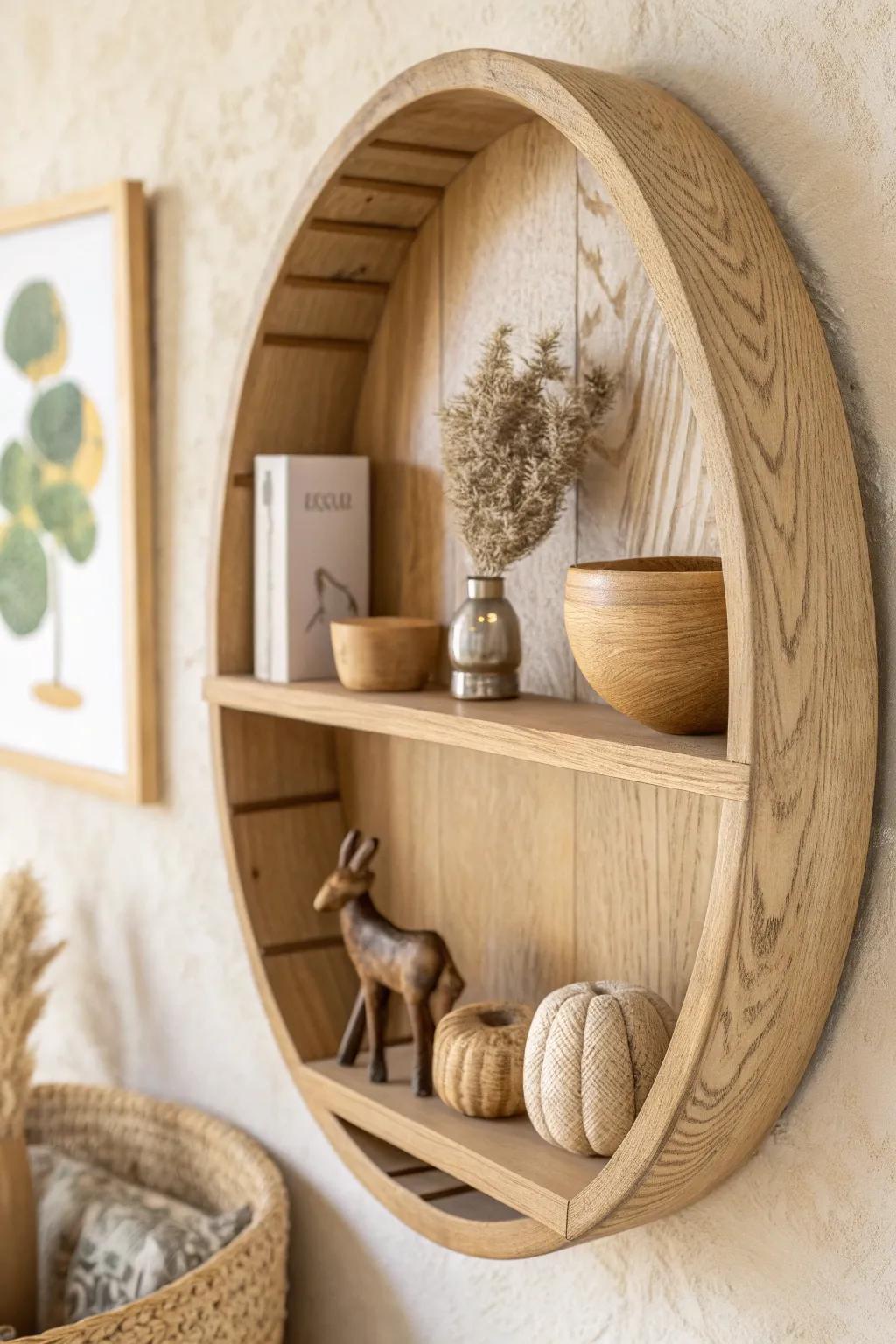 Hand-carved wooden minis turn a round shelf into a tiny gallery of warm grain and craft.