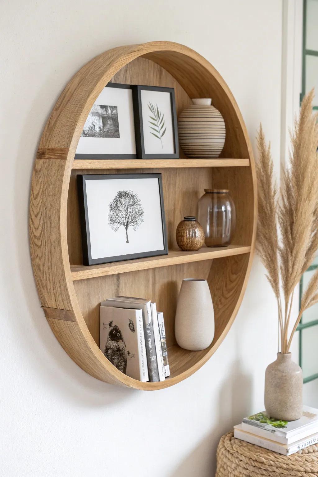 Round oak wall shelf with a slim picture ledge—swap frames easily without re-hanging.