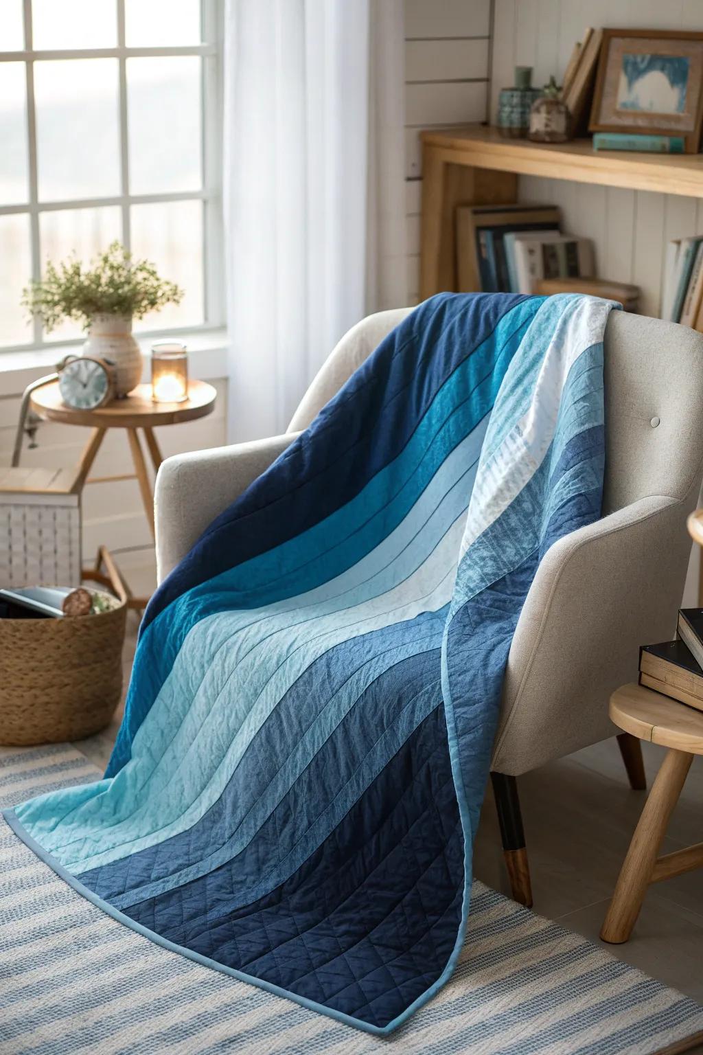 Dive into tranquility with this monochrome quilt masterpiece, perfect for your serene space.
