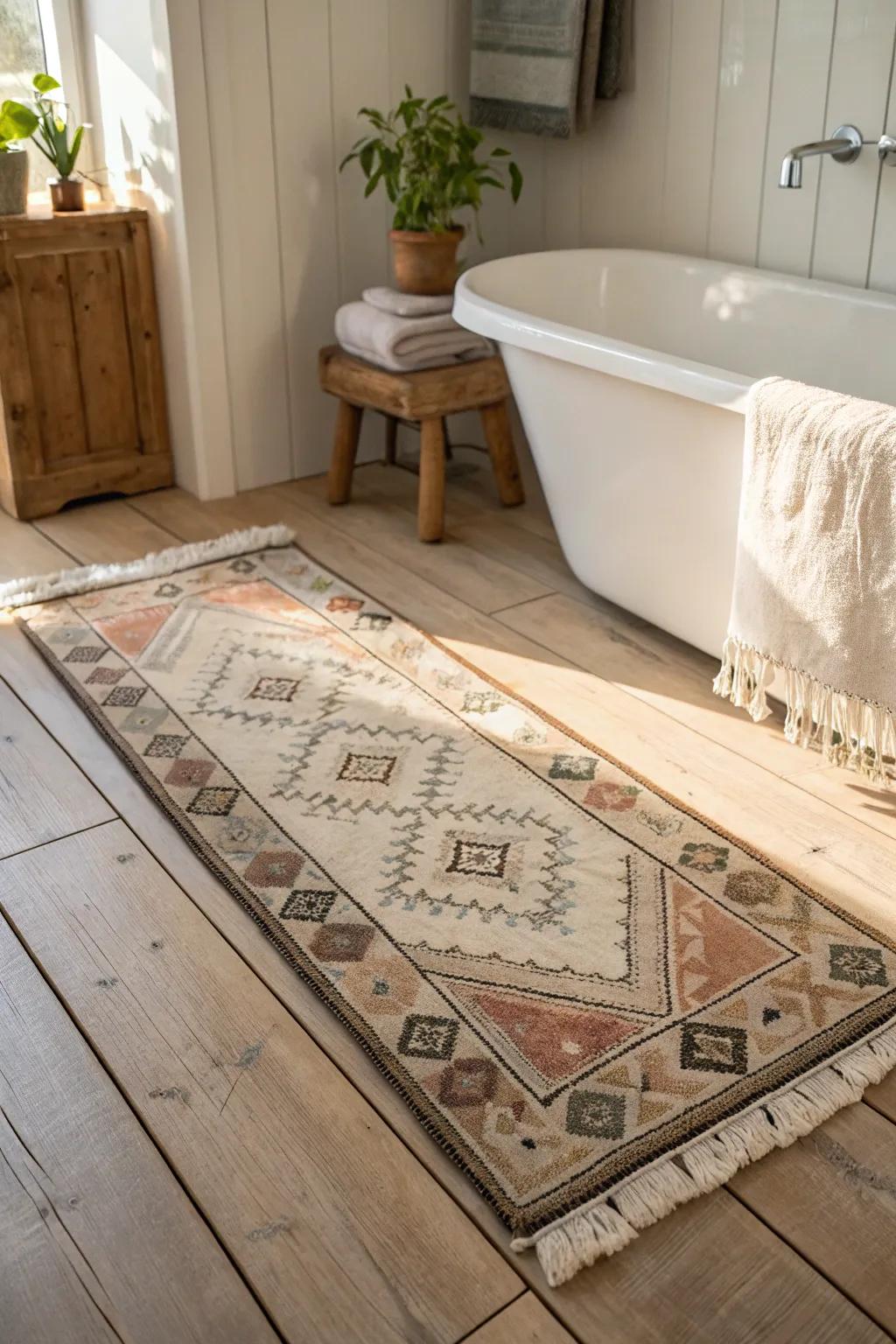 A vintage runner rug in earthy tones instantly warms up a rustic wood bathroom.