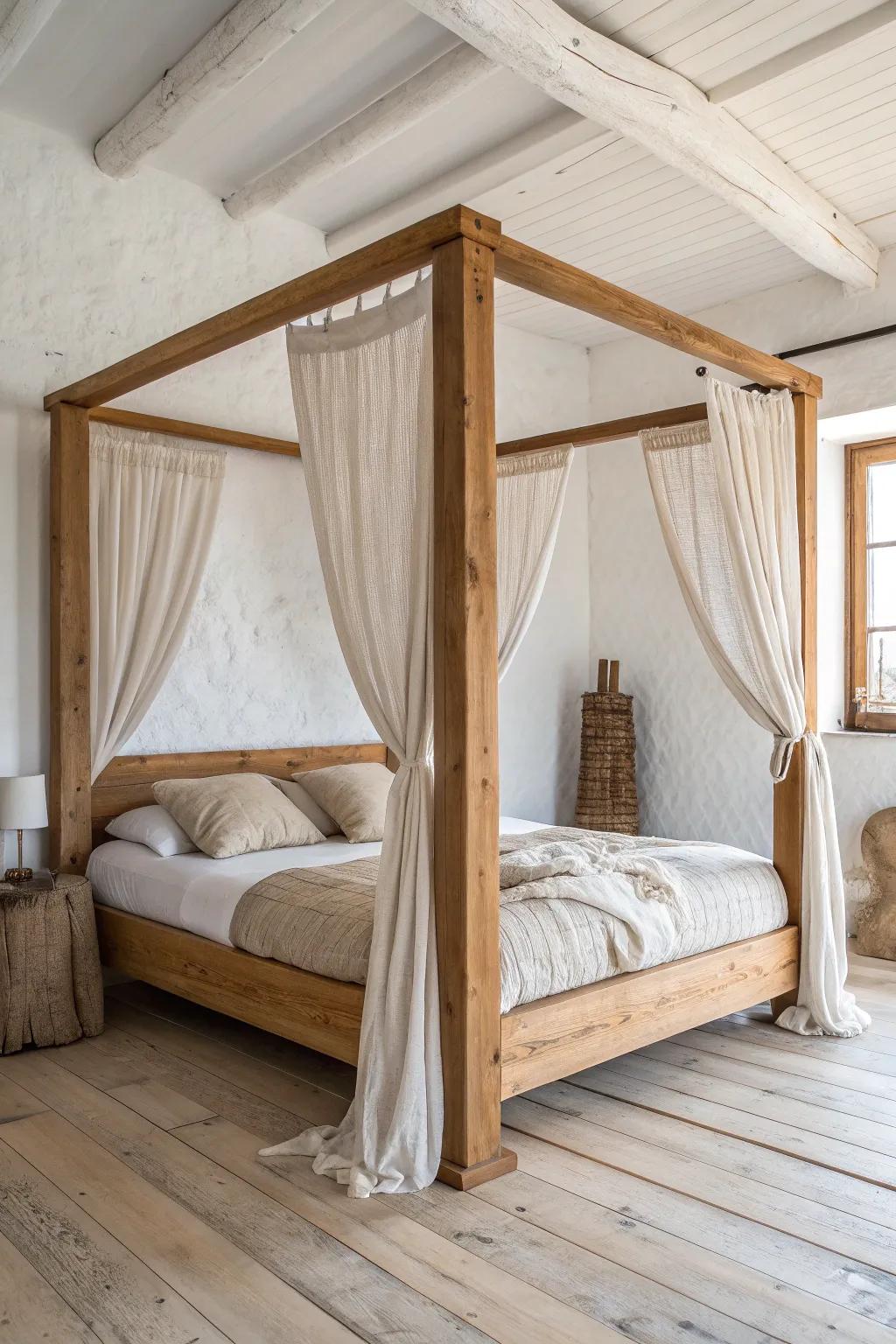 Rustic wood canopy frame with airy linen drapes—minimal, romantic, and perfectly cozy.