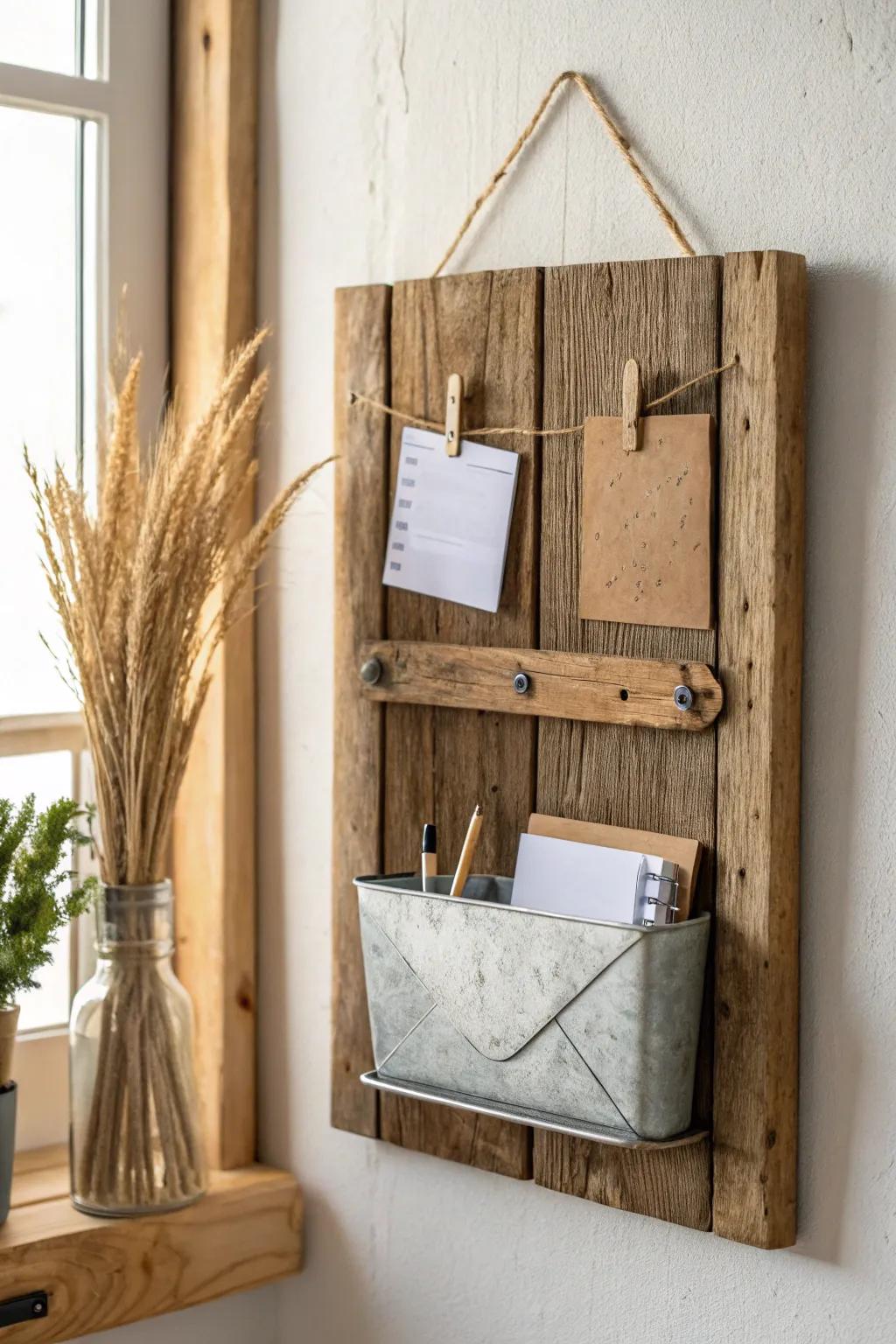 Modern rustic detail: a galvanized pocket adds handy storage and contrast to warm wood.