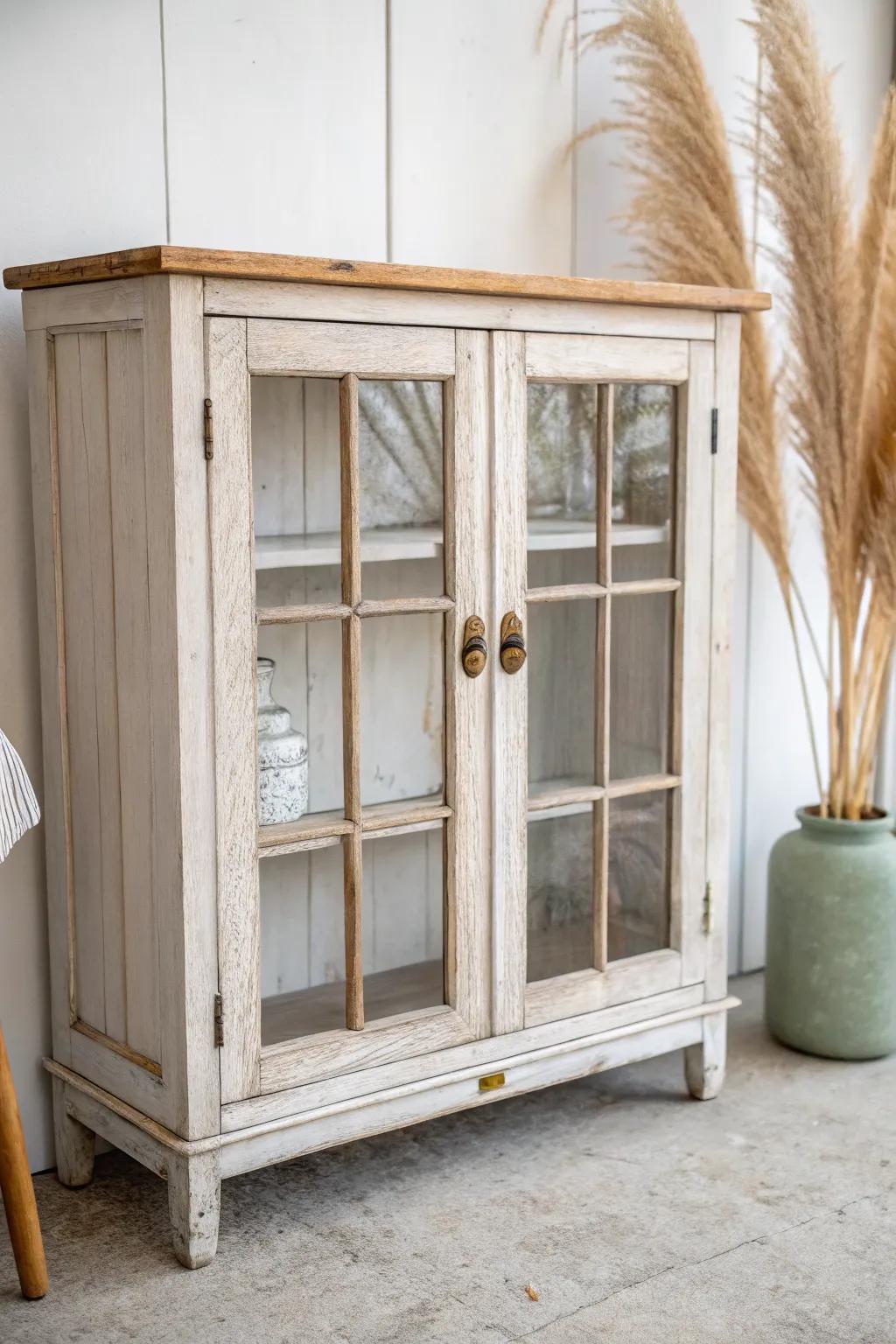 Antique window sashes as cabinet doors—wavy glass, chipped paint, and cozy rustic charm.