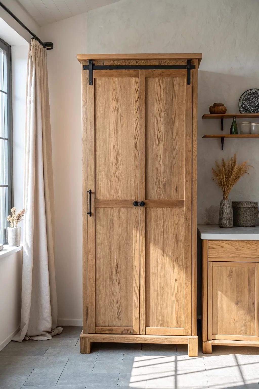 Tall rustic pantry cabinet with a space-saving sliding wood door—farmhouse charm, clean lines.