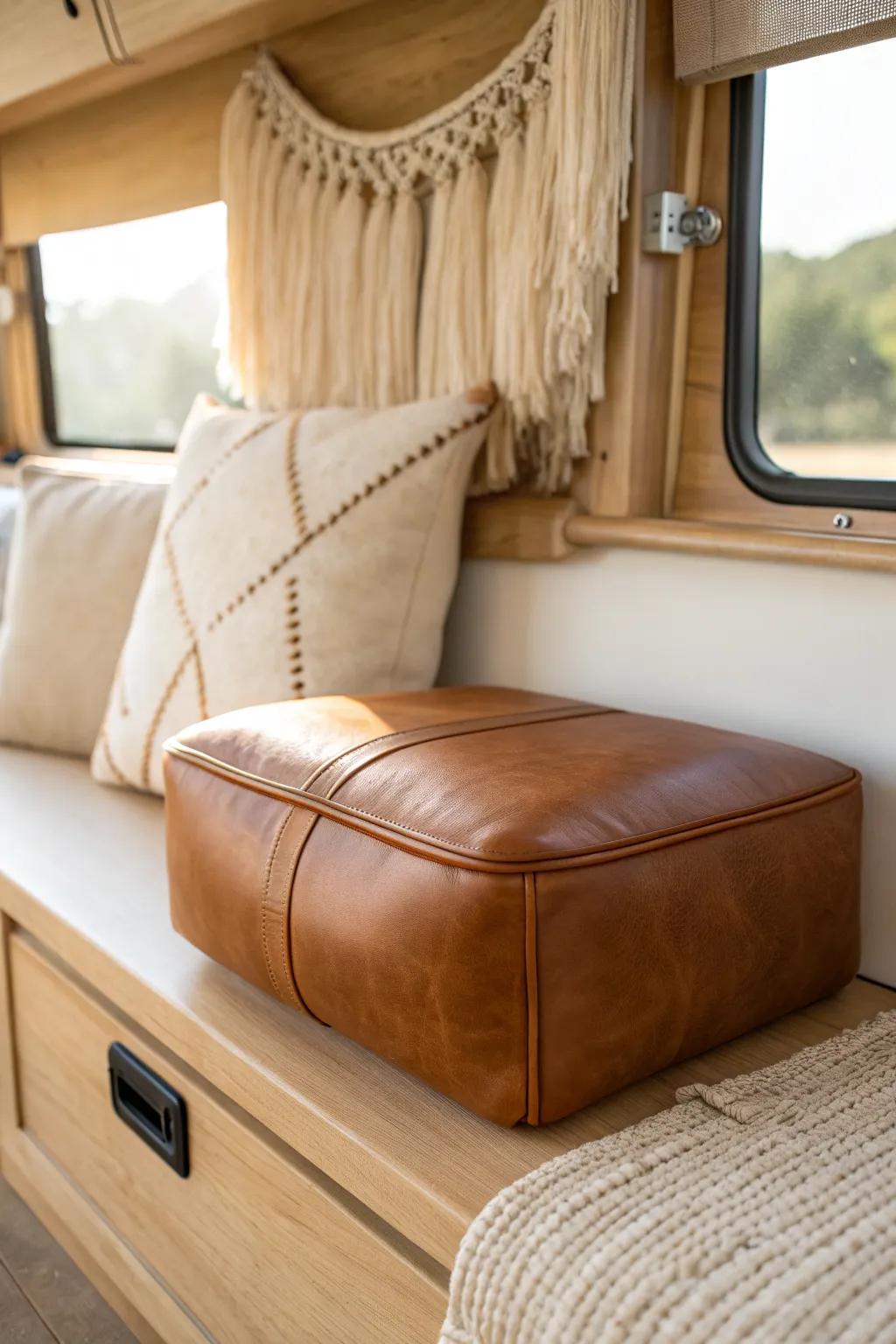 Cognac leather-look cushion meets a woven rug—instant rustic camper lounge warmth.