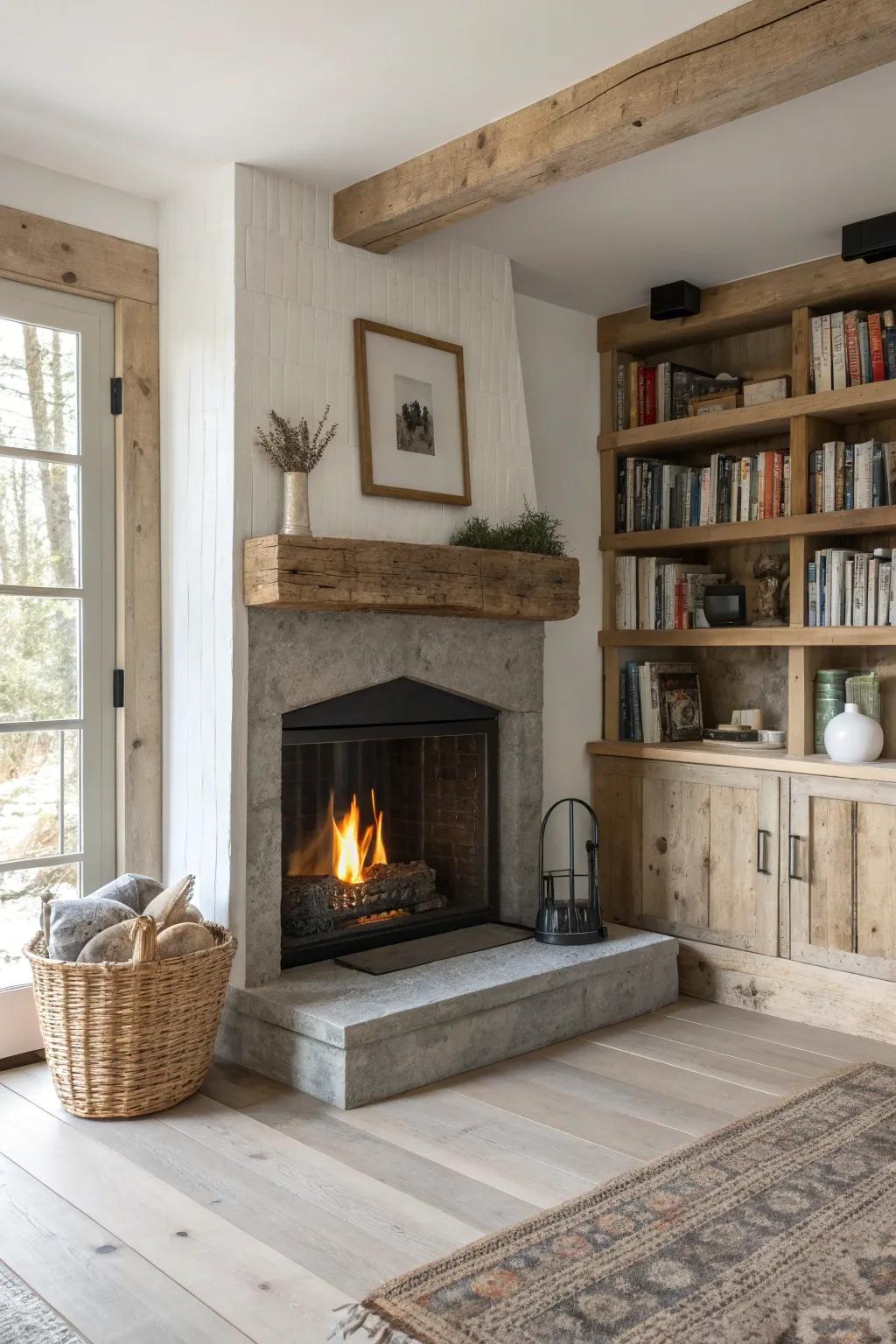 Rustic corner fireplace with reclaimed wood built-in shelves—simple, warm, and beautifully styled.