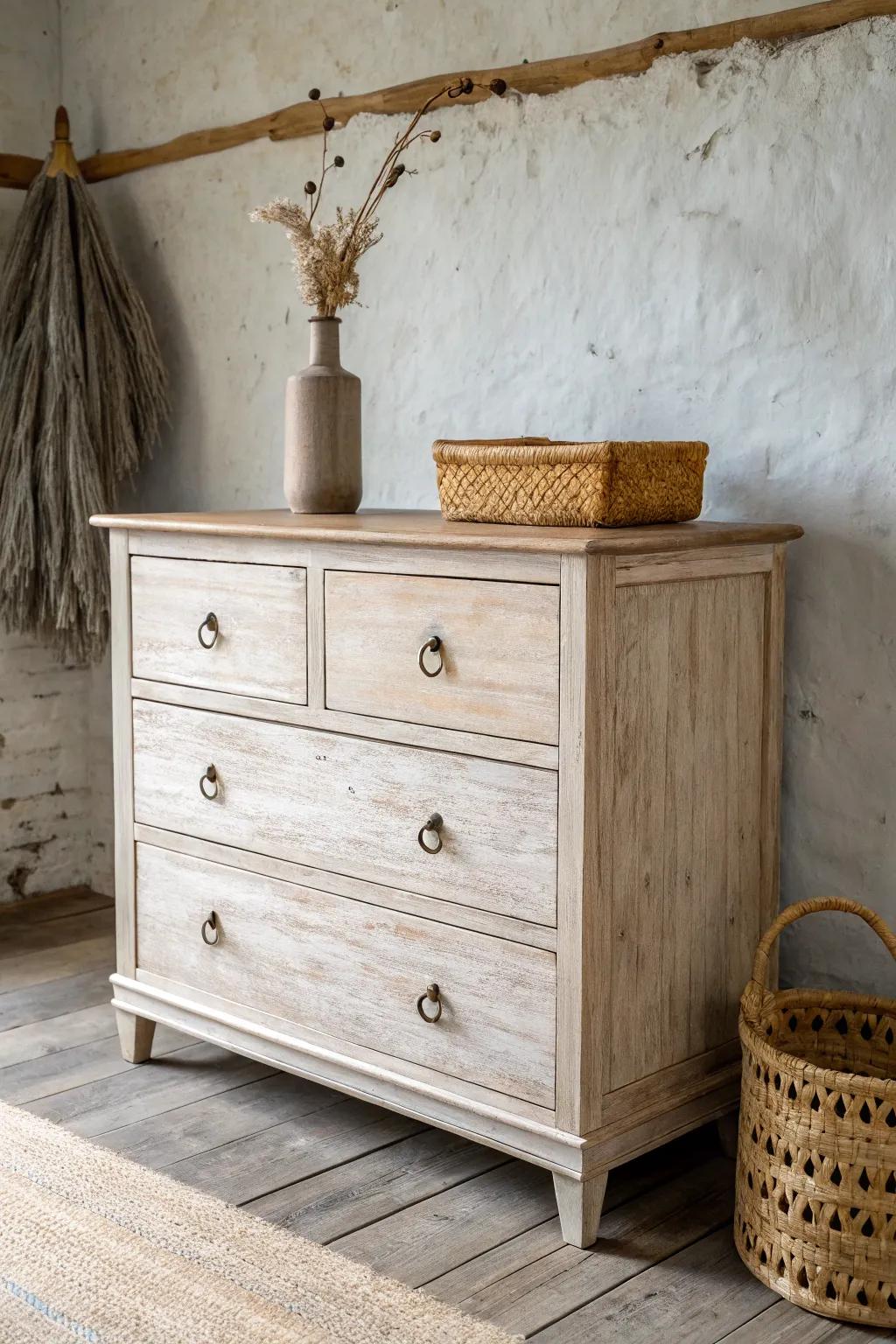 Distressed wood dresser makeover—softly sanded edges, matte patina, rustic country charm.