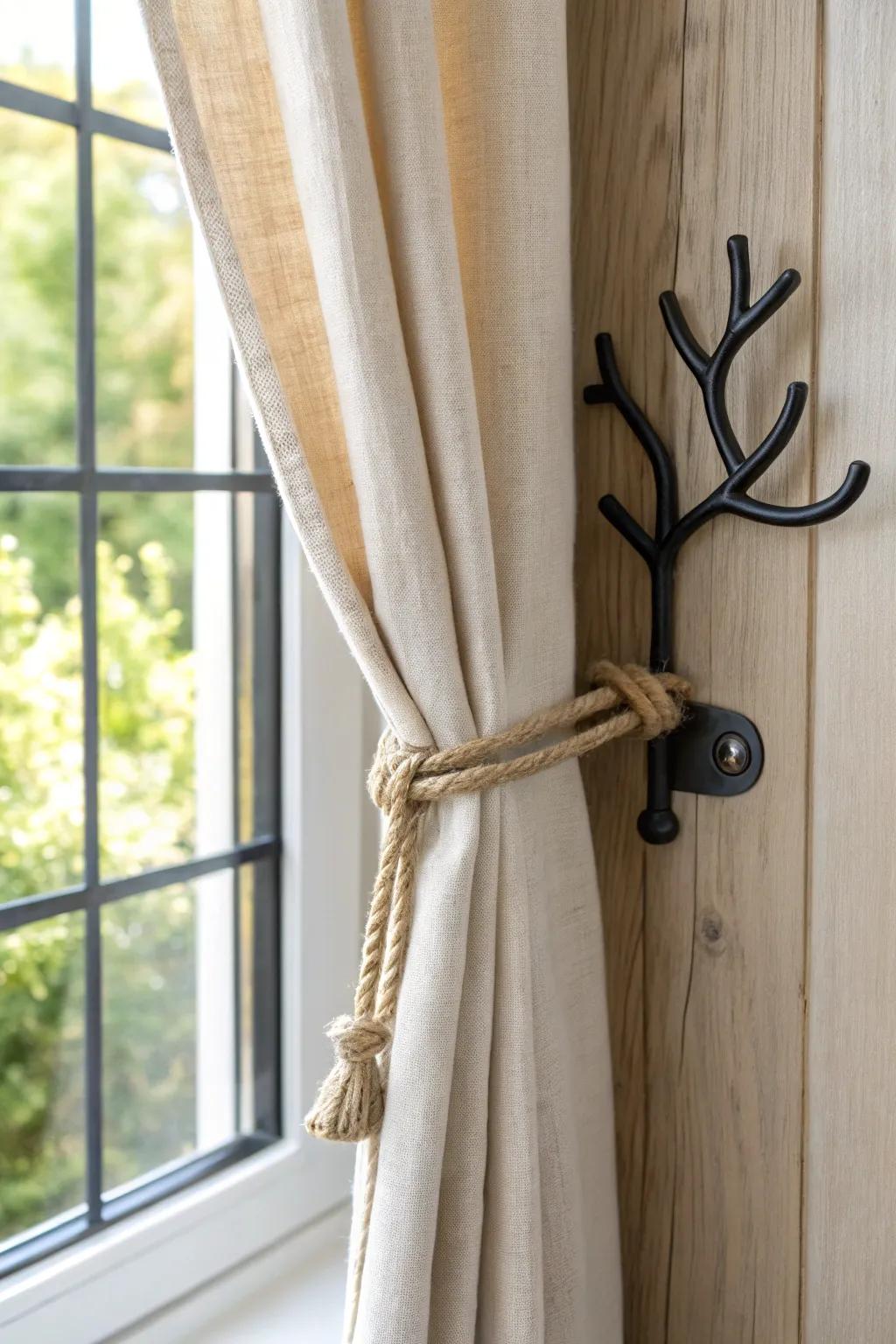 Branch-shaped metal hook + linen cord: a clean rustic tie-back with woodland charm.