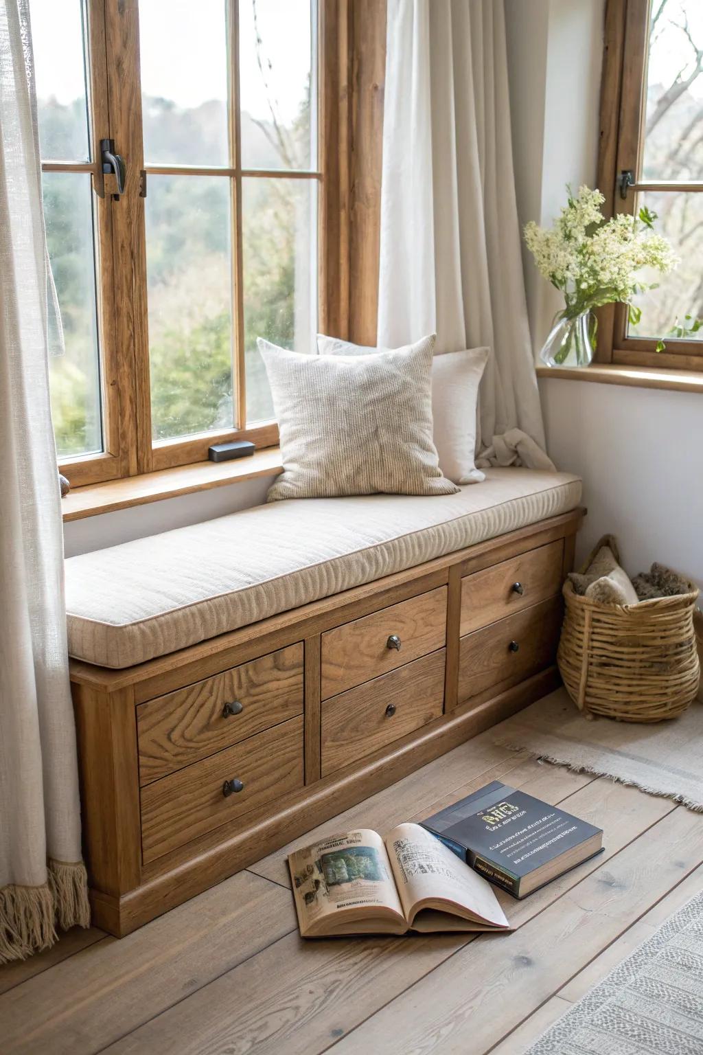 A rustic window-seat reading nook with hidden storage—simple, warm wood and cozy linen.