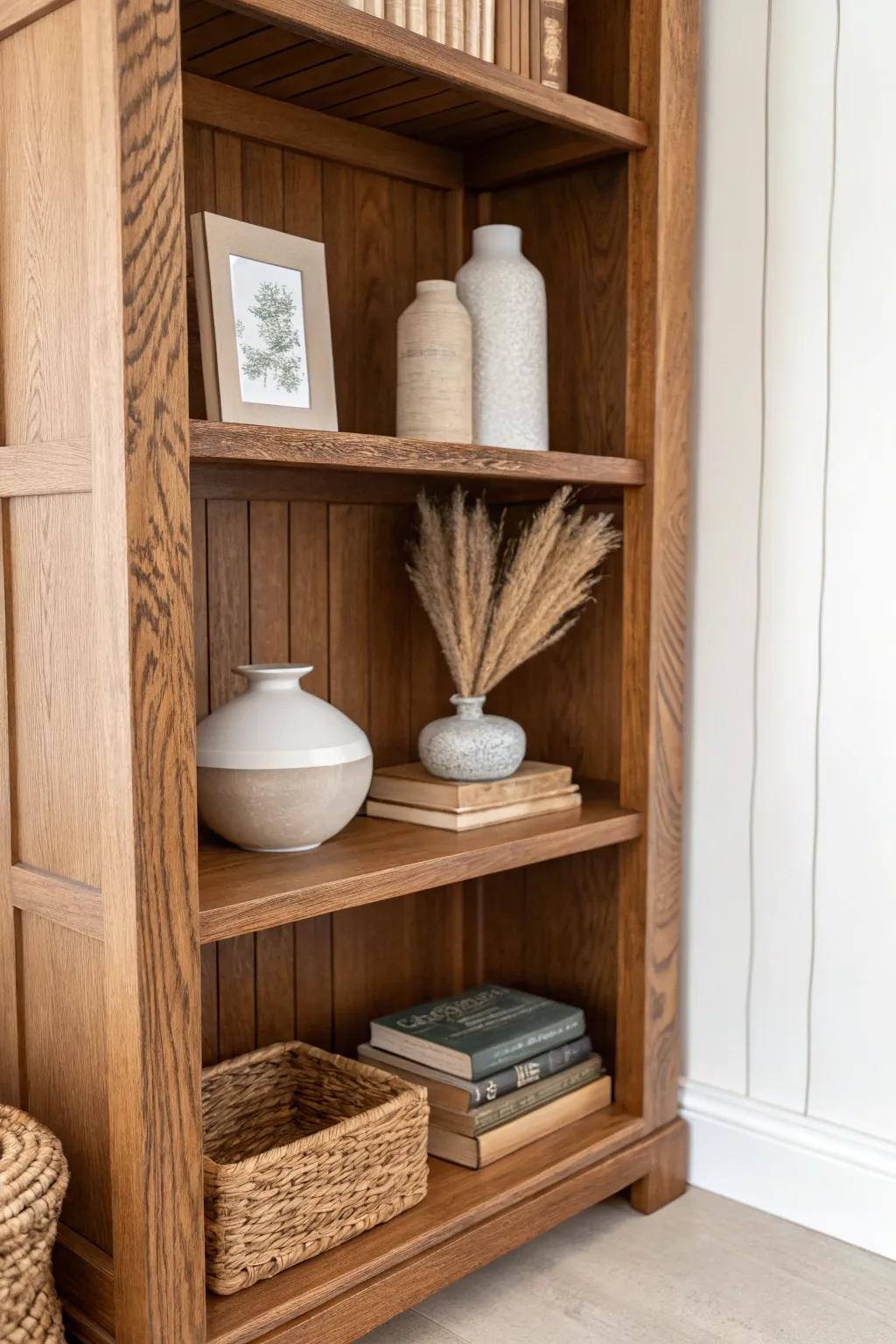 Rustic stained-wood built-in shelves, styled airy and minimal—custom warmth with a calm boho touch.