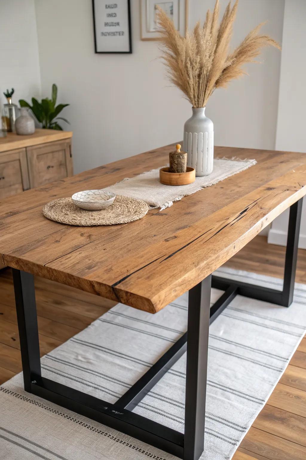 Rustic wood top meets sleek black T-frame—minimal, modern, and beautifully handcrafted.