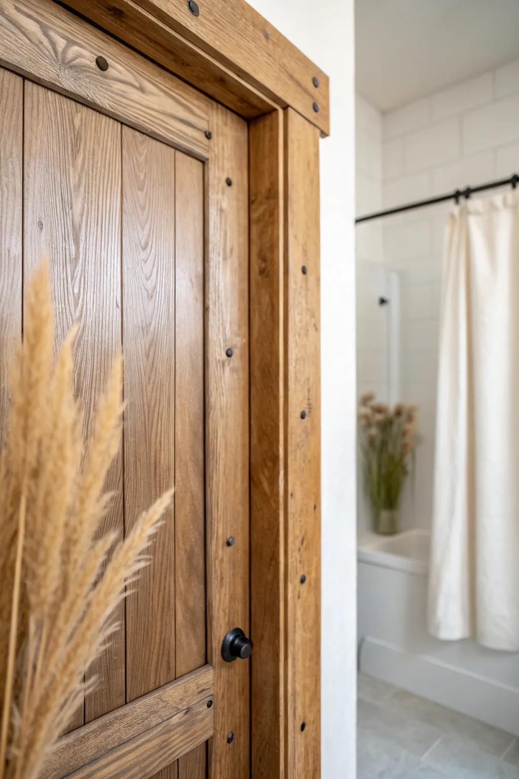 Rustic wood trim adds warmth to bathrooms—seal it with a durable clear coat for steam.