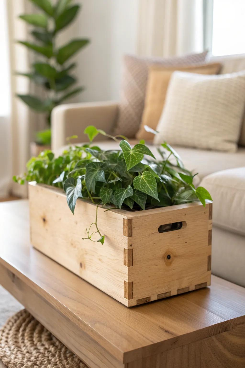 Fresh greenery in a handmade cedar planter brings earthy living-room tones to life.