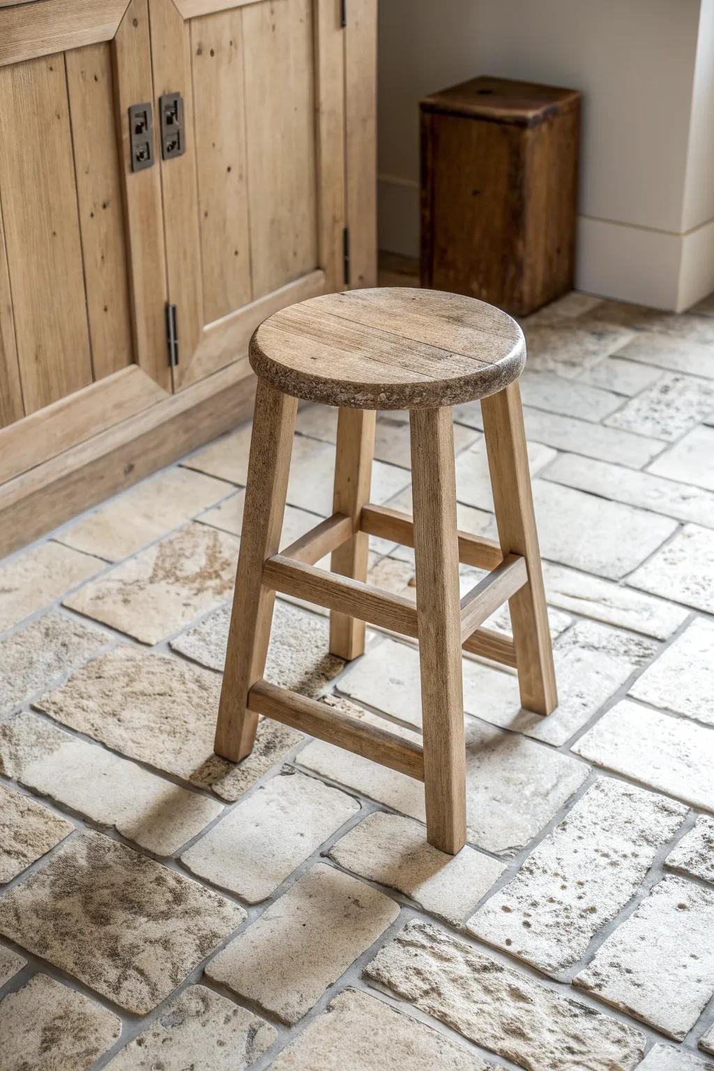 Textured stone-look tile with a handcrafted oak stool—rustic, spill-friendly, and timeless.