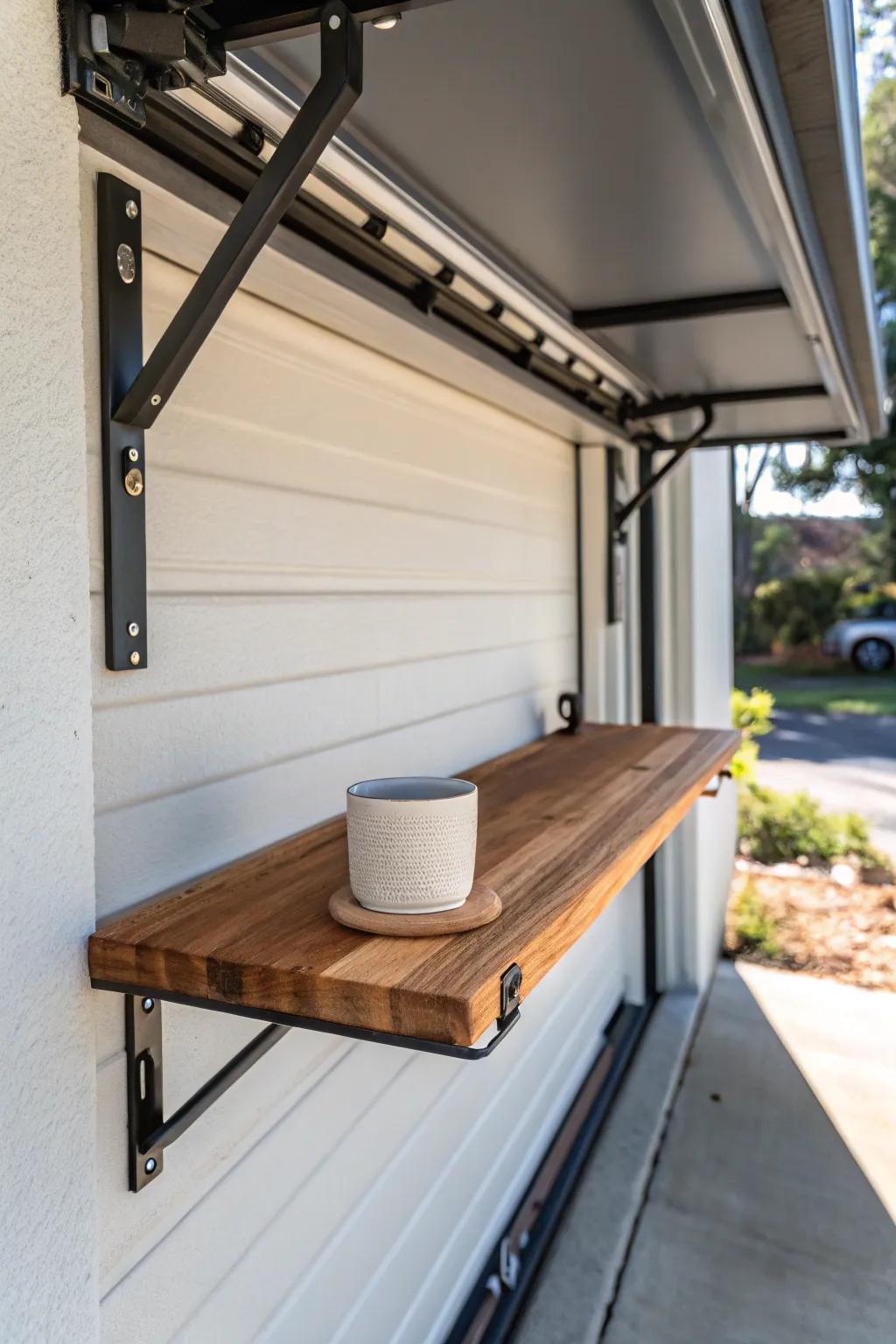 Turn an open roll-up door into a chic serve window with a fold-down wood ledge.