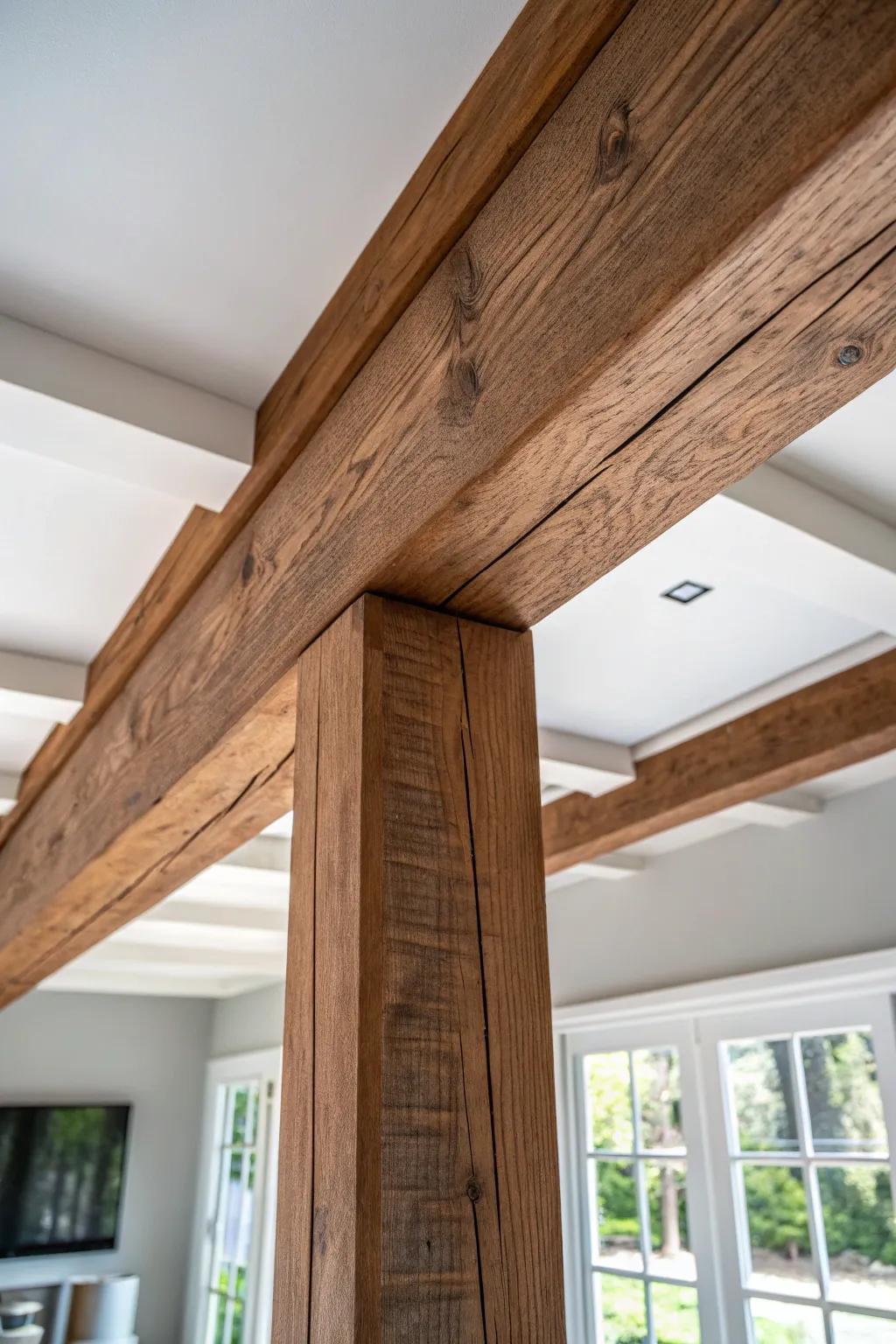 Warm brown ceiling beam on a soft grey ceiling—rustic contrast with minimalist calm.