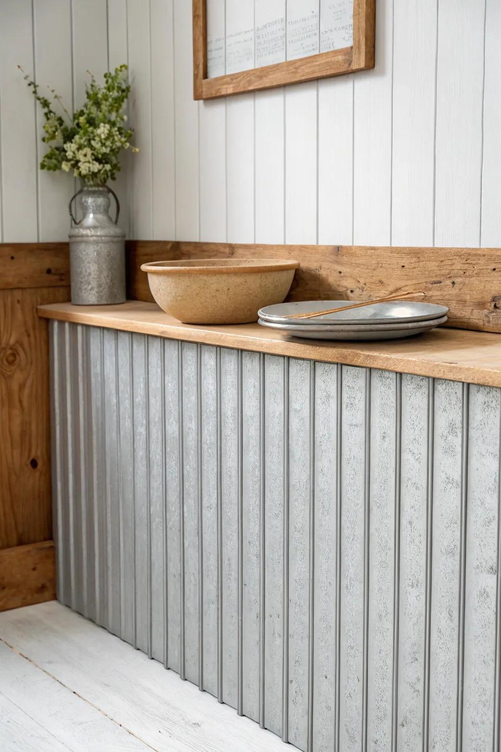 Tin wainscoting below, warm wood above—finished with a slim plate rail for rustic charm.