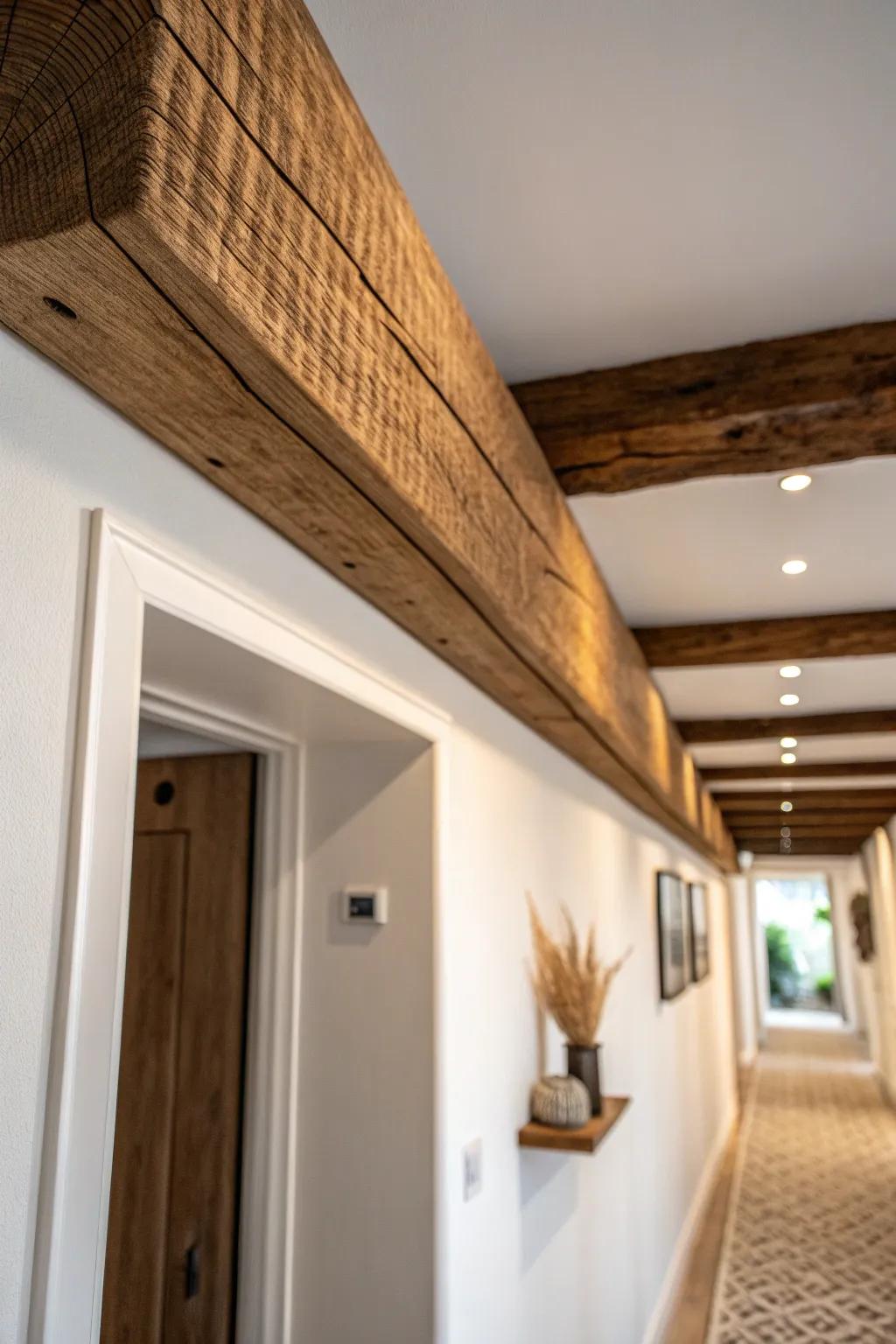 Faux ceiling beam in warm stain adds lodge depth to a minimalist hallway—rustic, refined.