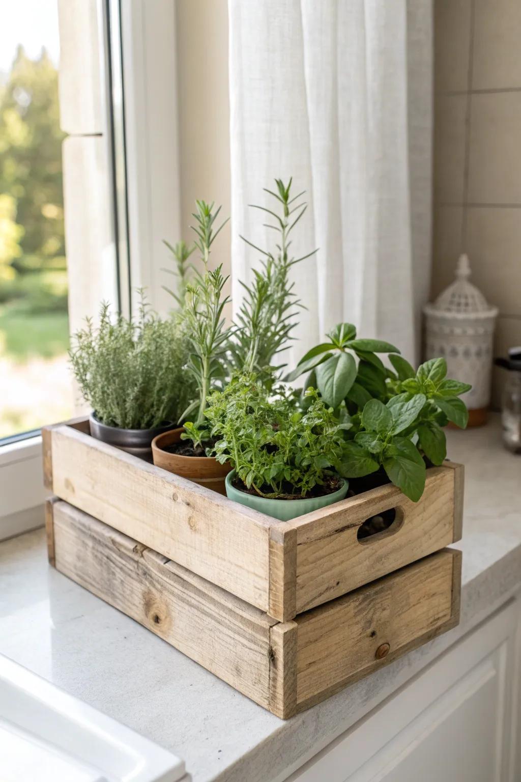 A simple wood crate herb planter on the windowsill—rustic charm and fresh flavor in one.