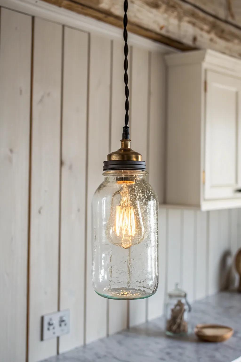 Upcycled glass jar pendant: rustic charm, warm glow, and minimalist Scandinavian style.