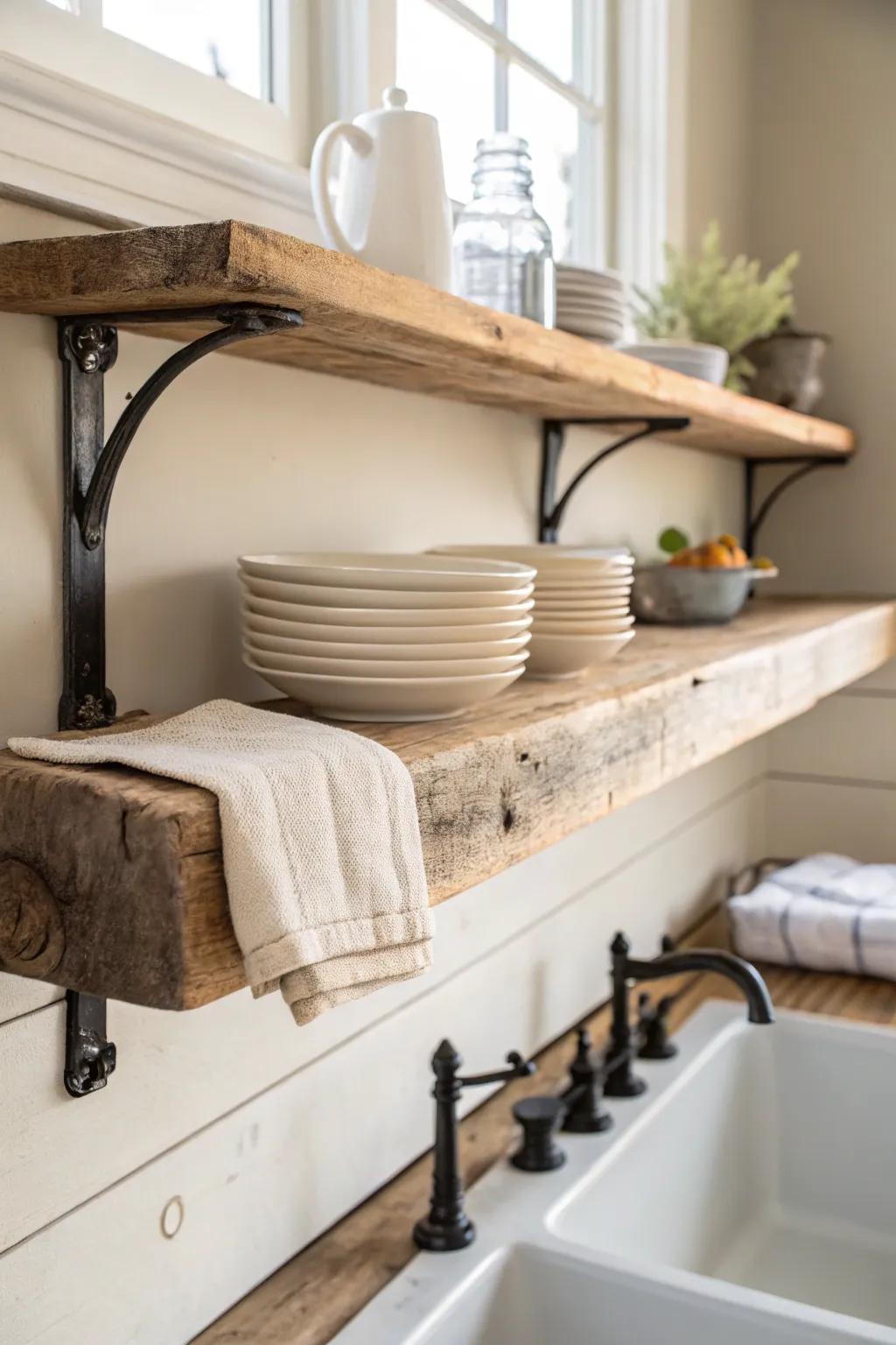 Thick reclaimed shelves and sturdy brackets keep your rustic sink area airy and beautiful.