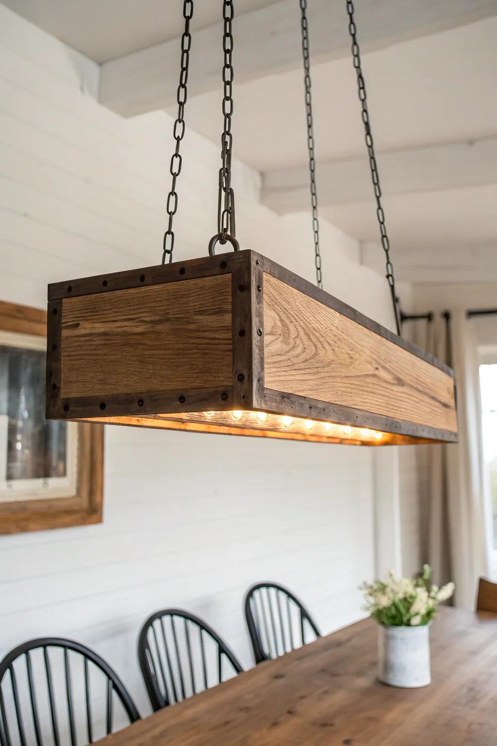 Handcrafted trough-style chandelier: rustic wood, metal lining, and a warm, even table glow.
