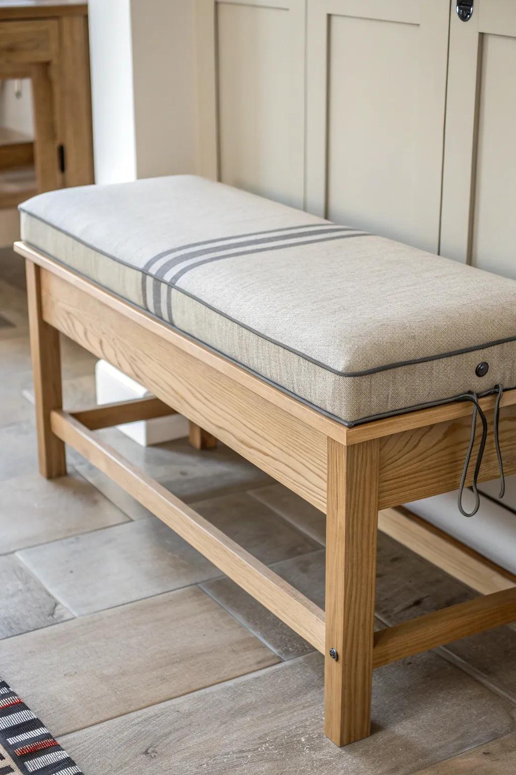 Rustic woven cushion softens a clean oak bench—removable ties make rainy-week cleanup easy.