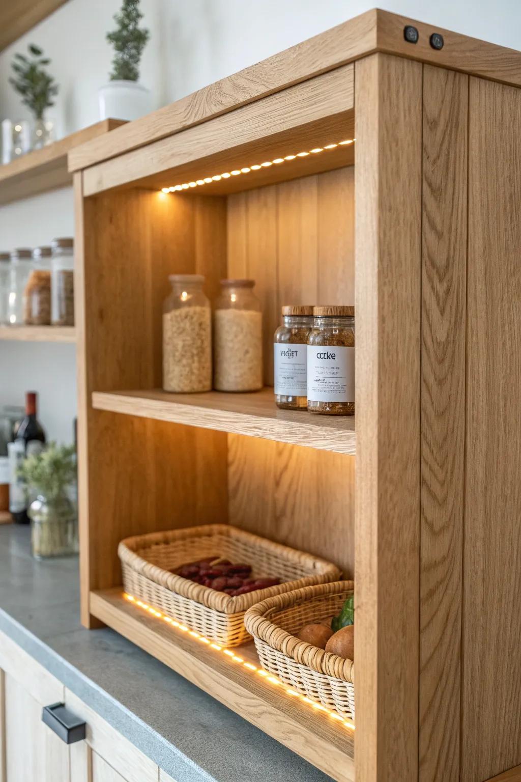 Warm under-shelf lighting makes rustic wood shelves glow—cozy, practical, and timeless.