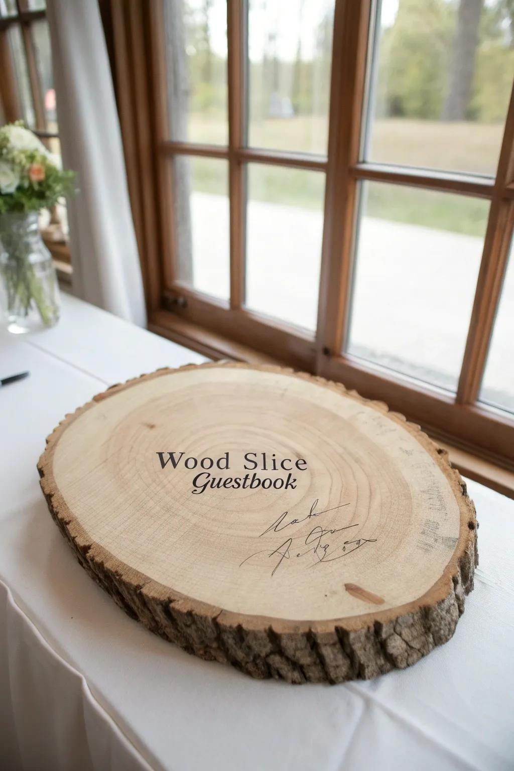 Rustic Sweet 16 keepsake: a signed wood-slice guestbook that turns into timeless wall art.