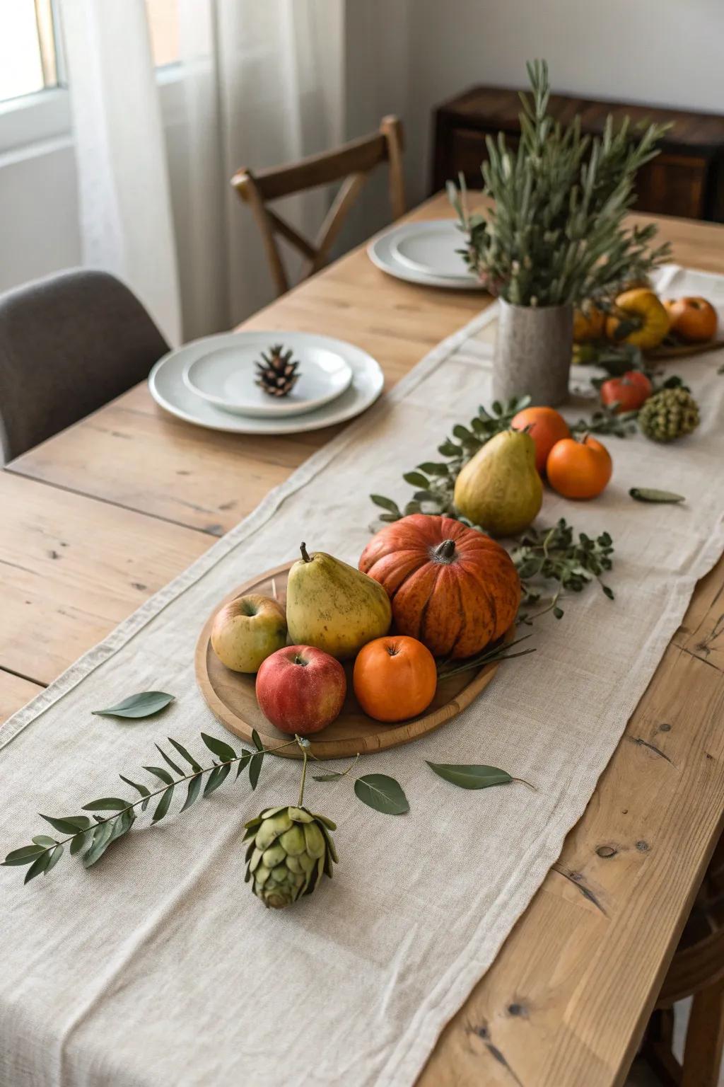 An edible seasonal runner—apples, pears, mini pumpkins, and greenery for rustic charm.