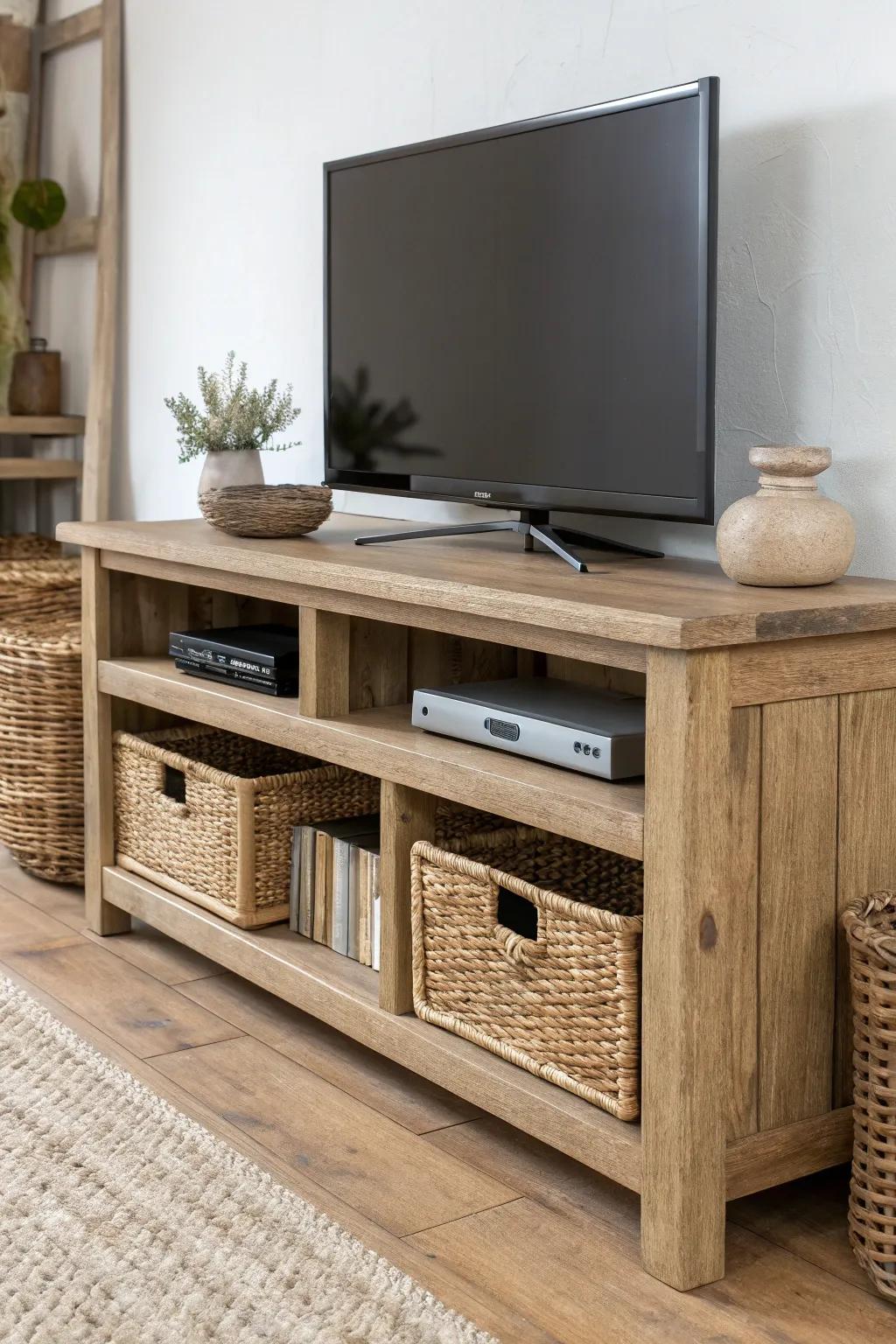 Rustic open console with tall cubbies—woven baskets slide in to hide remotes and throws.
