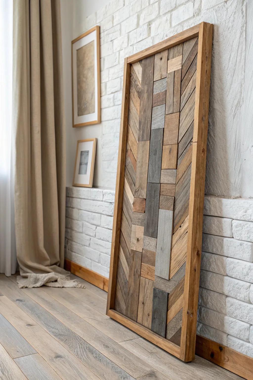 Framed pallet-wood patchwork panel—rustic texture, clean lines, and cozy Scandinavian calm.