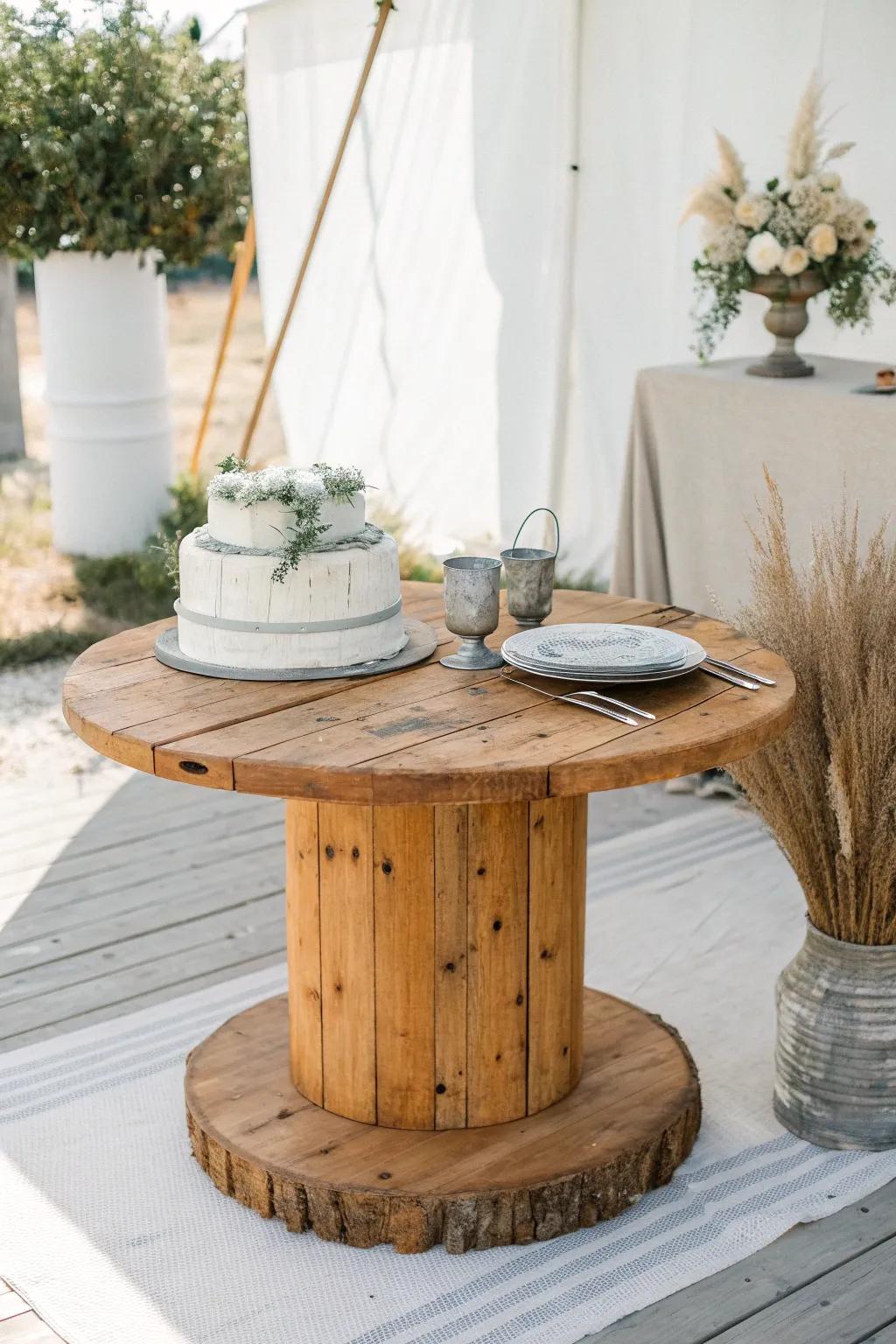 Rustic meets modern: a warm wood cake table styled with a galvanized tub for effortless charm.