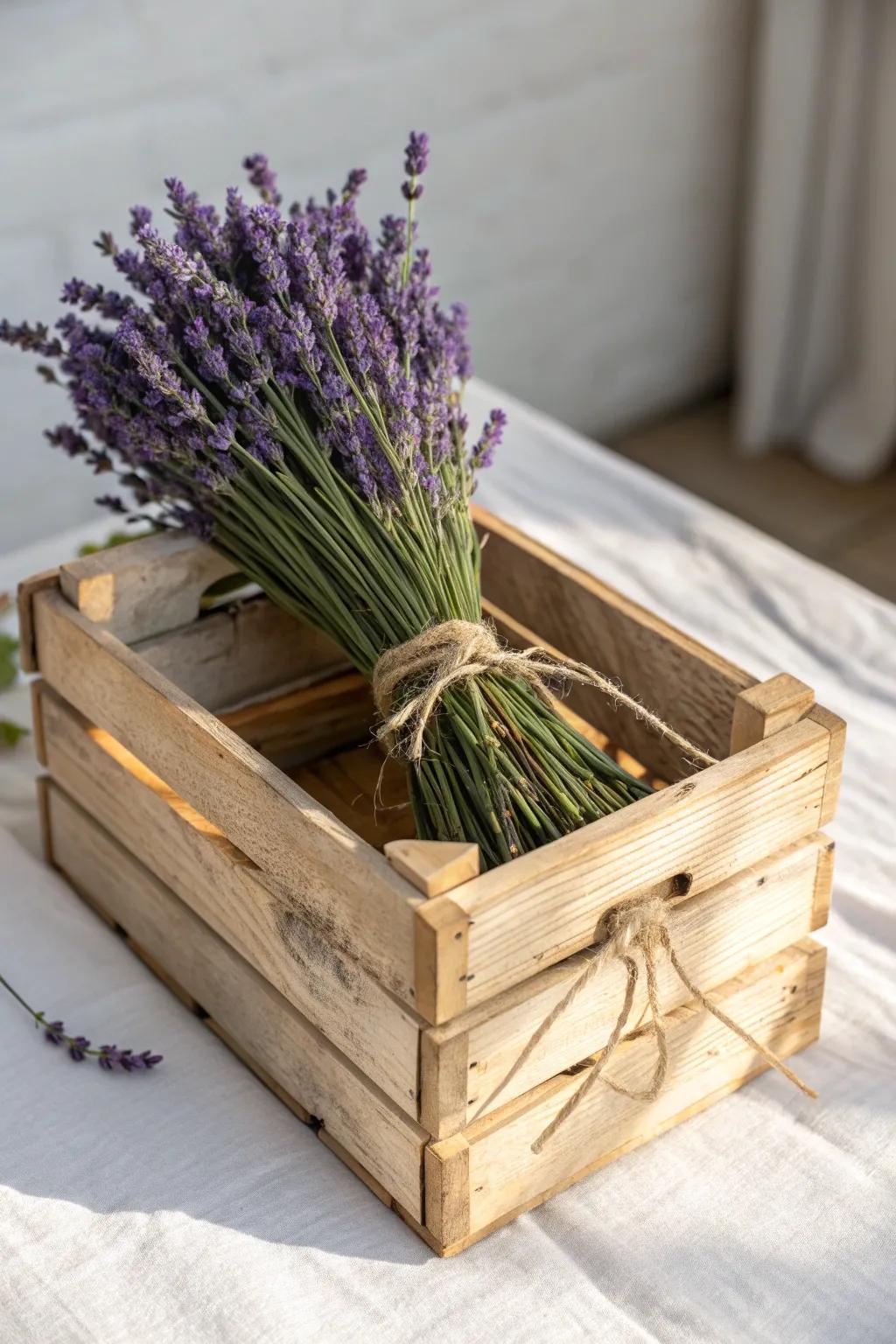 Rustic wooden crate centerpiece with jute-tied lavender—simple, fragrant, and unforgettable.