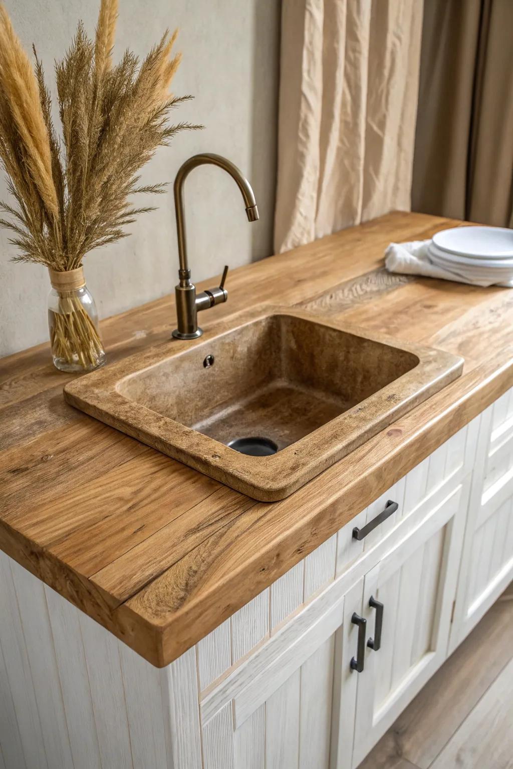 Distressed butcher block warmth—soft edges and a sealed sink cutout for a rustic wet bar.