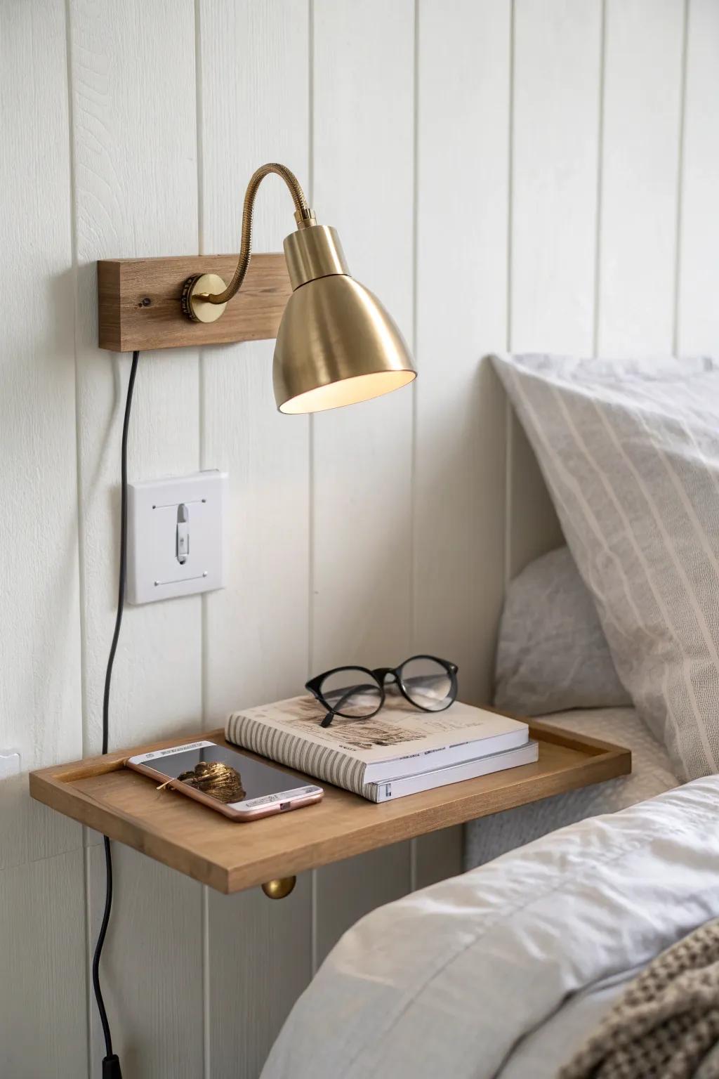 Space-saving RV bedside sconce + tiny oak shelf—perfect for glasses and charging.