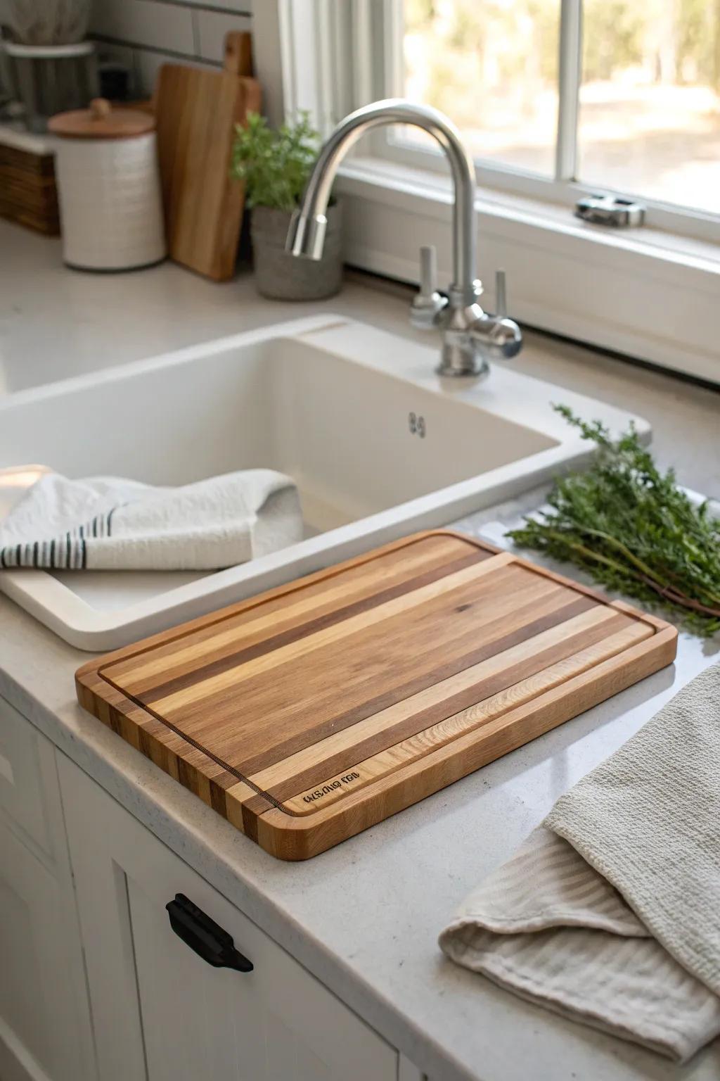 Removable hardwood sink cover that doubles as a chic cutting board—instant RV counter space.