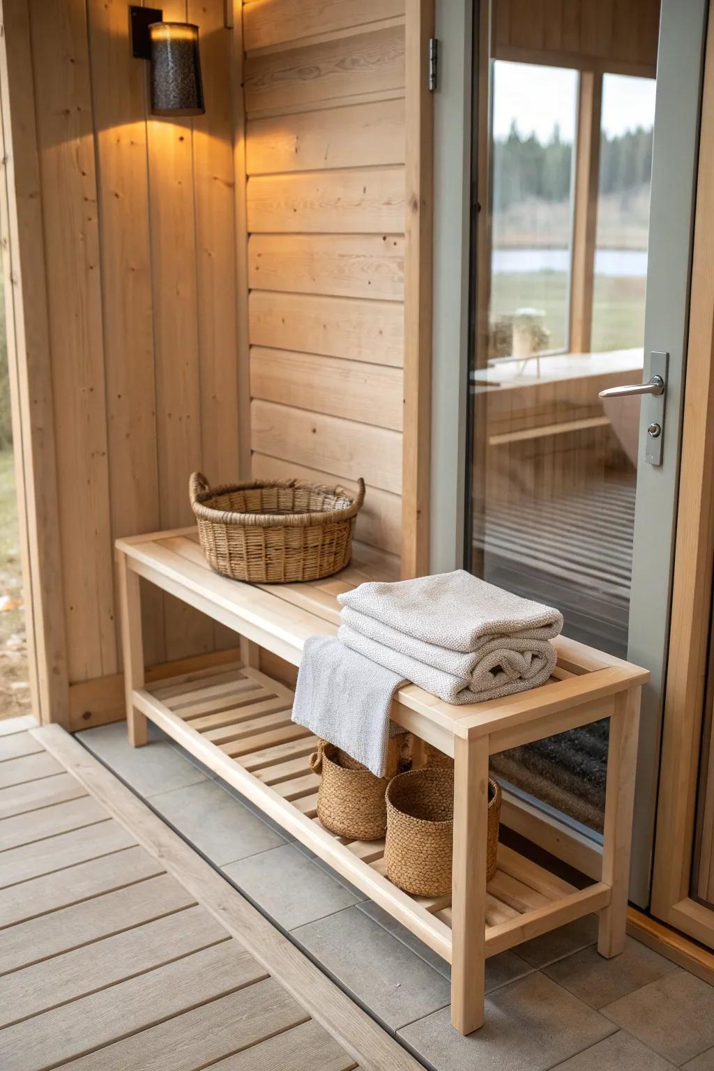 A cozy changing bench outside the sauna turns the doorway into a calming pre-ritual pause.