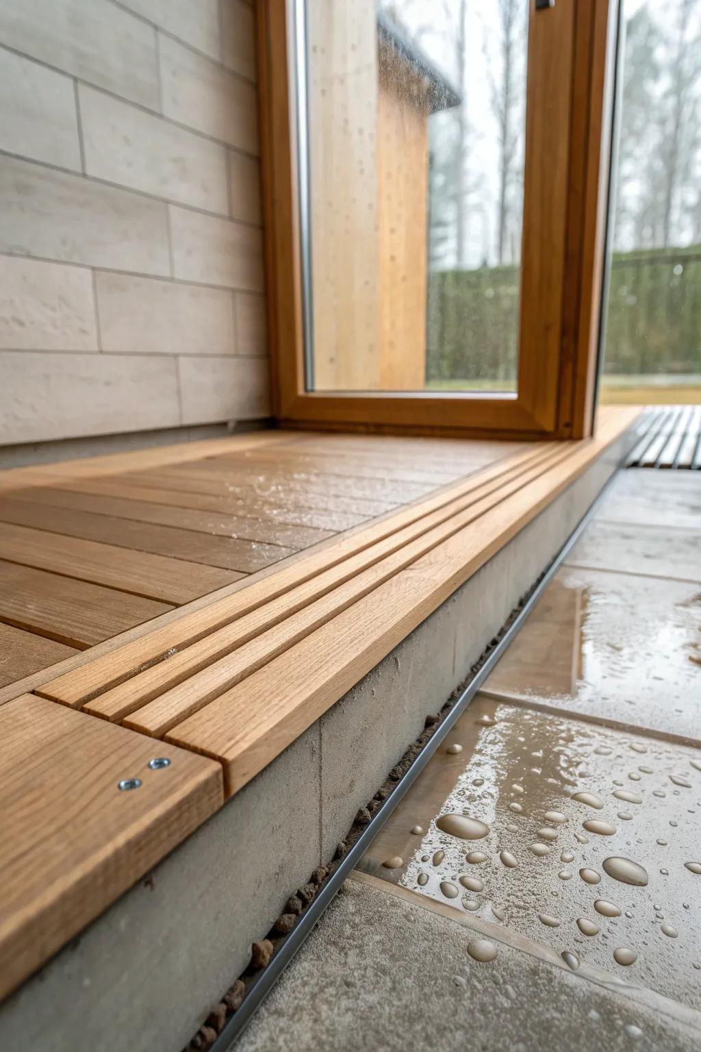 Raised cedar sauna threshold meets a gently sloped wet-room floor—sleek, dry, and serene.