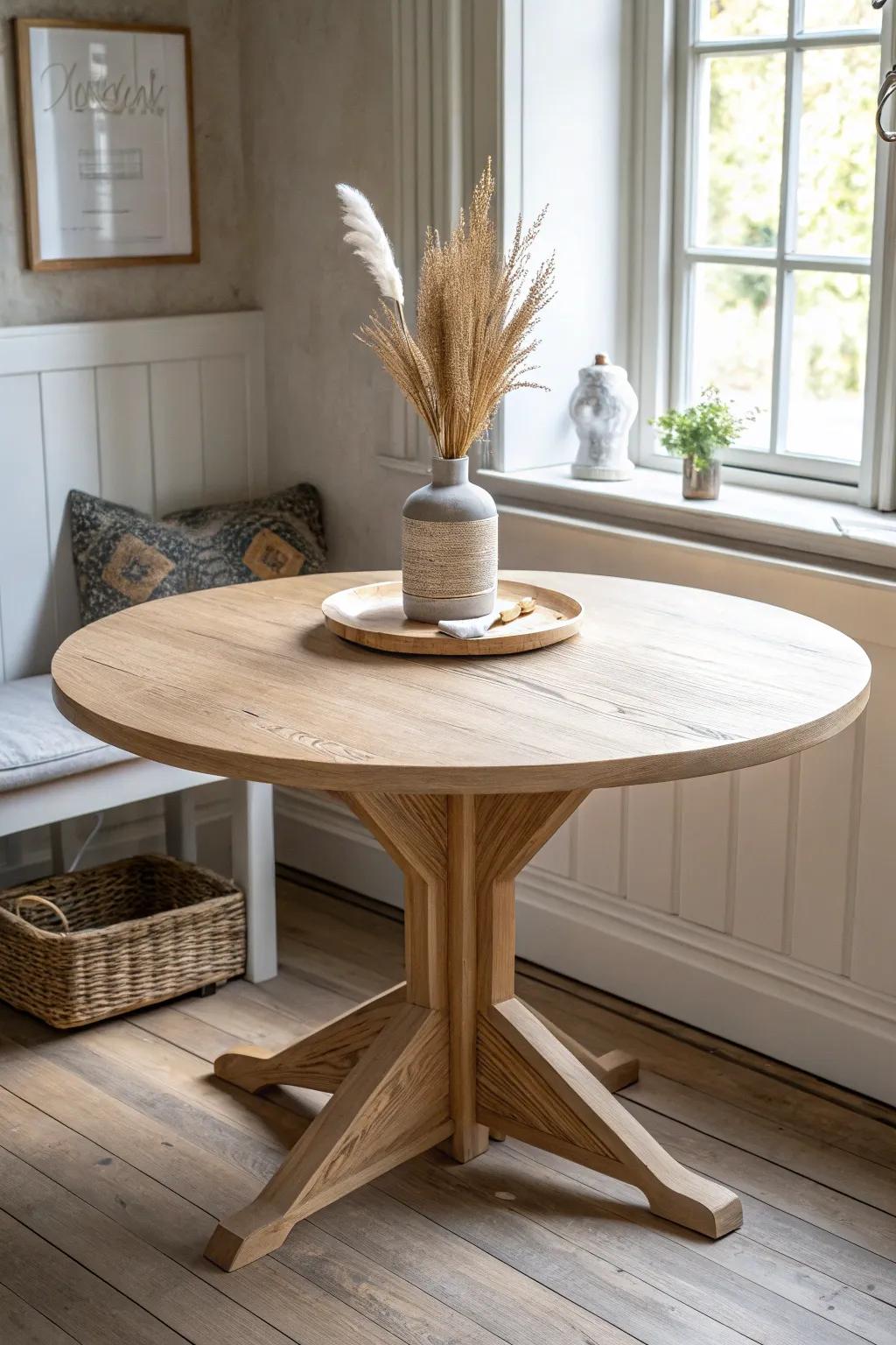 A round oak pedestal table that softens lines and saves space in small dining corners.