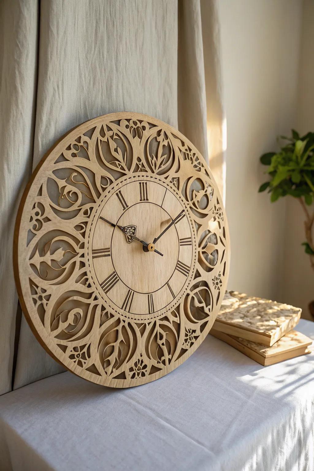 Scroll-sawn clock face with delicate cutwork—minimal, boho-leaning, and beautifully handmade.